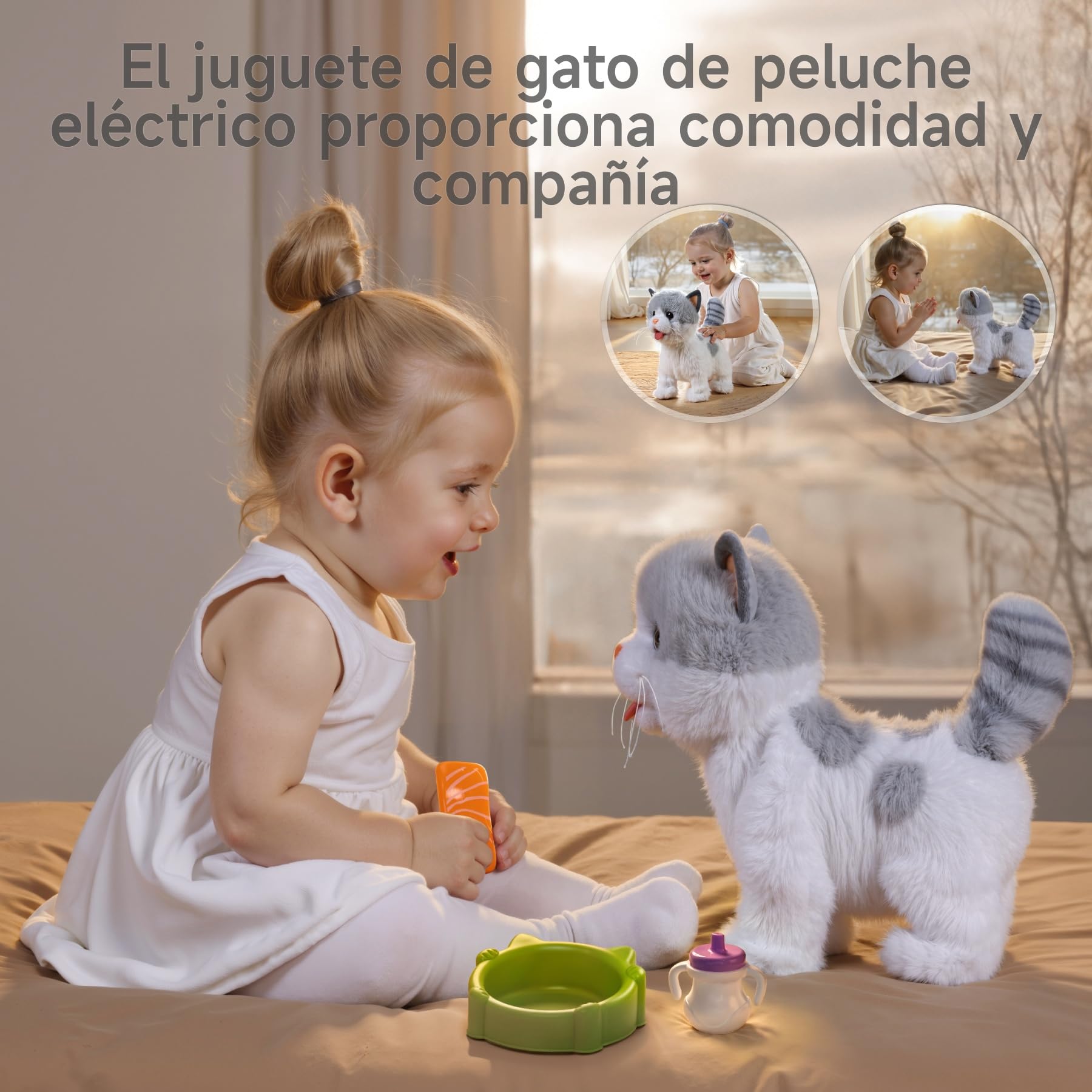 OR OR TU Juguetes Gatito para Niños Gato Peluche Mascotas Electrónicas Gatito, Camina sobre un Plomo Lamiendo Gatito, Juguetes Realistas Interactivos Gato para Niños 3 4 5 6 7+ Años Regalo