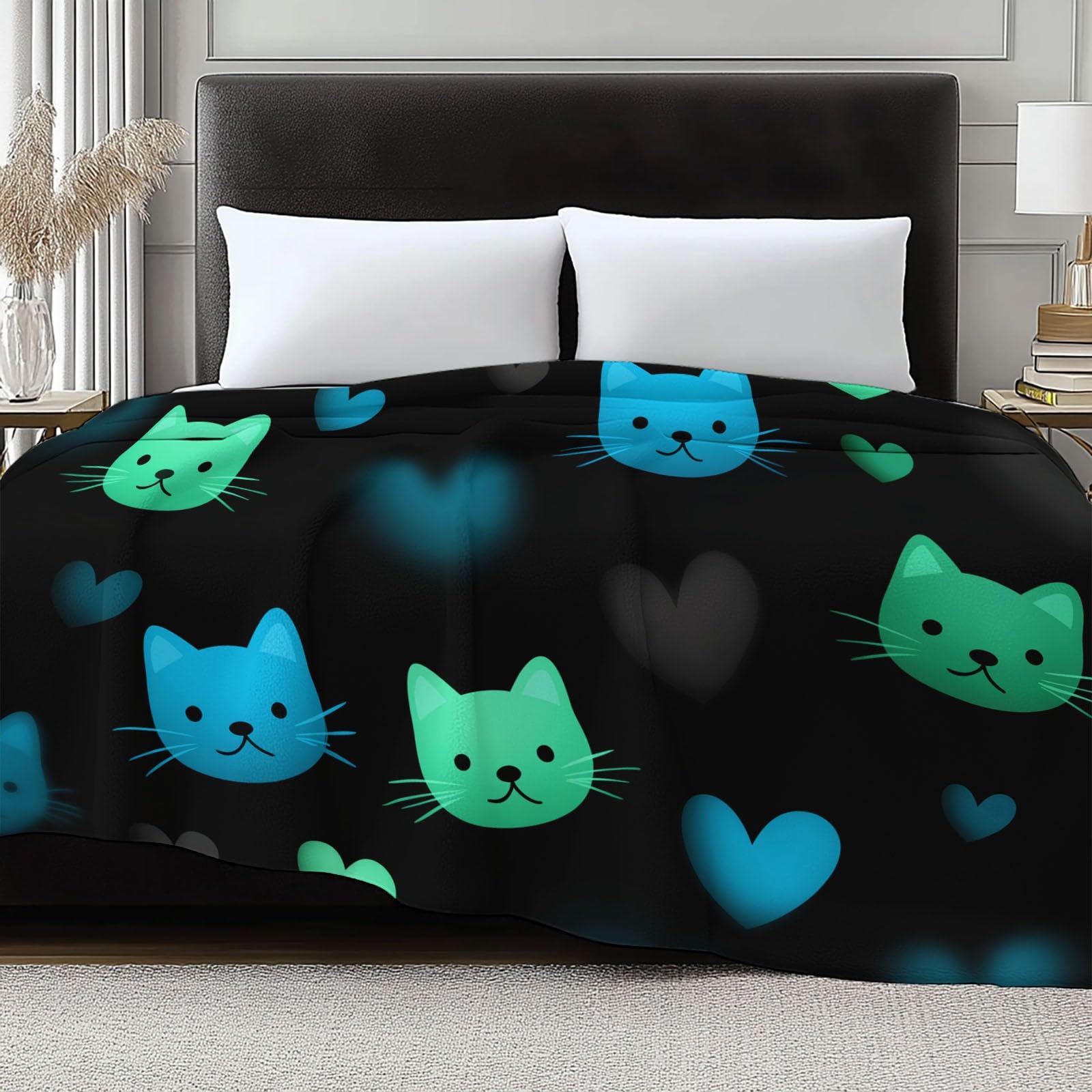 Generico Plaid Coperta Pile Nero Bambini Ragazzi Ragazze Plaid Pile Motivo Forma Faccia Gatto Neon Cartoni Animati Coperte Flanella 220 x 240 cm, per Letto e Divano Blanket Peluche Morbida e Calda