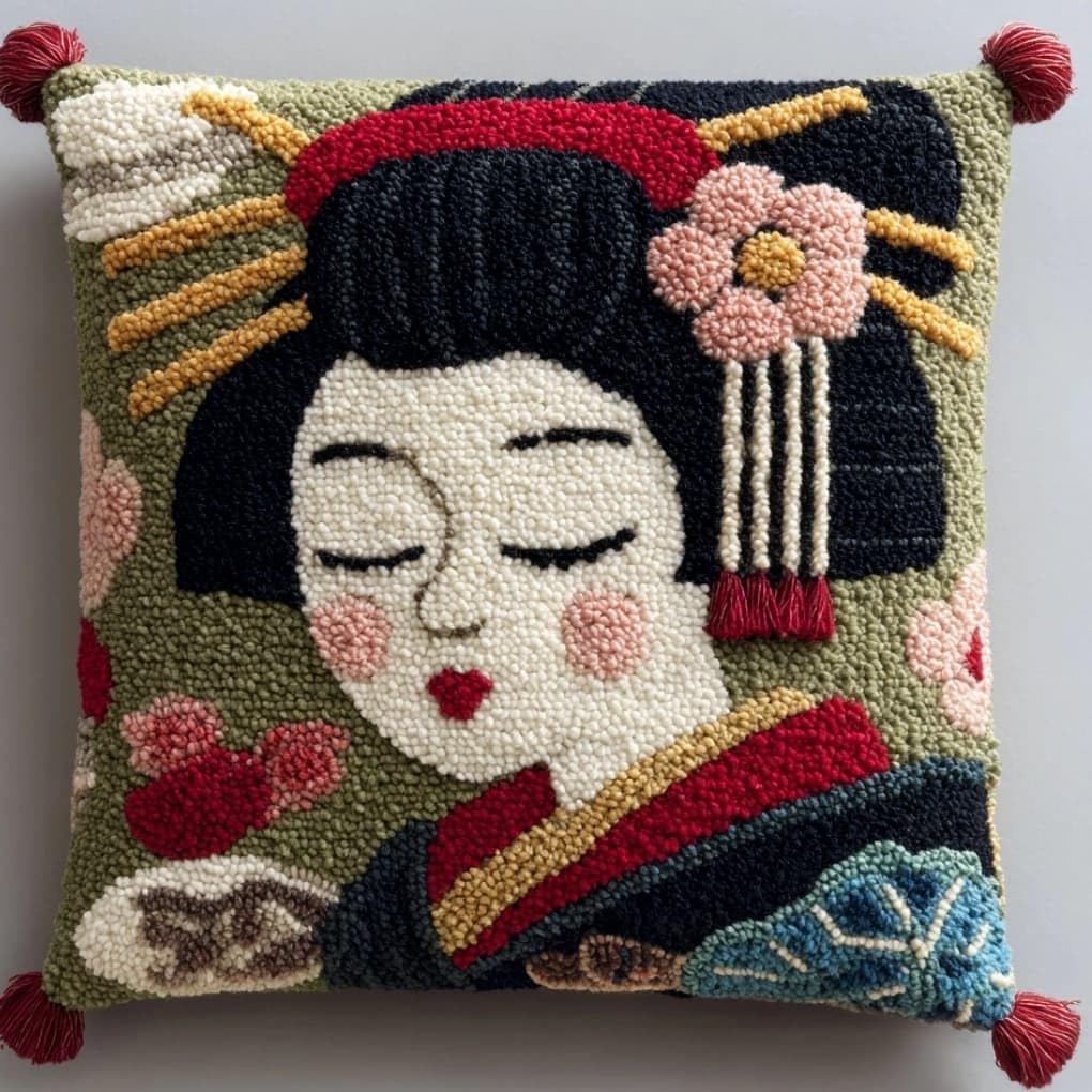 WallustrioaW DIY Latch Hook Pillow Kit,Japanese Geisha Pillowcase Kits Embroidery Kits 17X17 Inch DIY Needlework Pillow Cover Sofa Cushion Rug Making