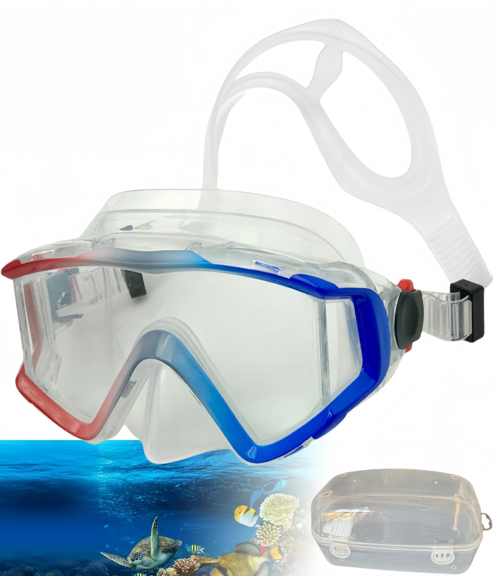 WOWDECOR 3-Window Panoramic Diving Mask Anti-Fog Swimming Snorkeling Mask Suitable for Adults Kids Scuba Dive Swim Snorkeling Gear Goggles Masks (Light Red-Blue Frame)