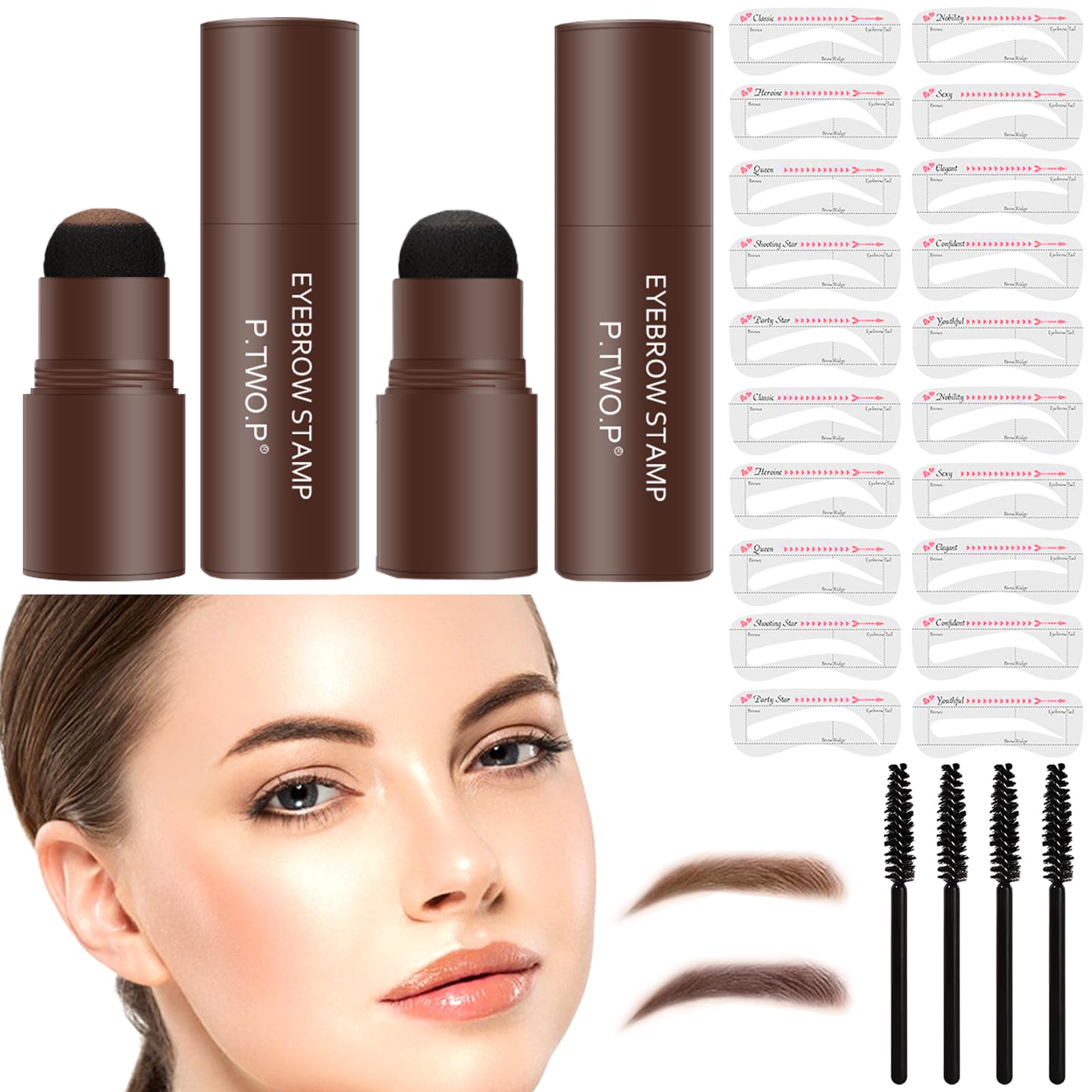 Yoirzit Plantilla de Sello de Cejas 2 Conjuntos, kit sello cejas, polvo de cejas tinte cejas larga duración con 20 plantillas de cejas, 4 cepillos para lápiz de ceja para maquillaje cejas perfecta