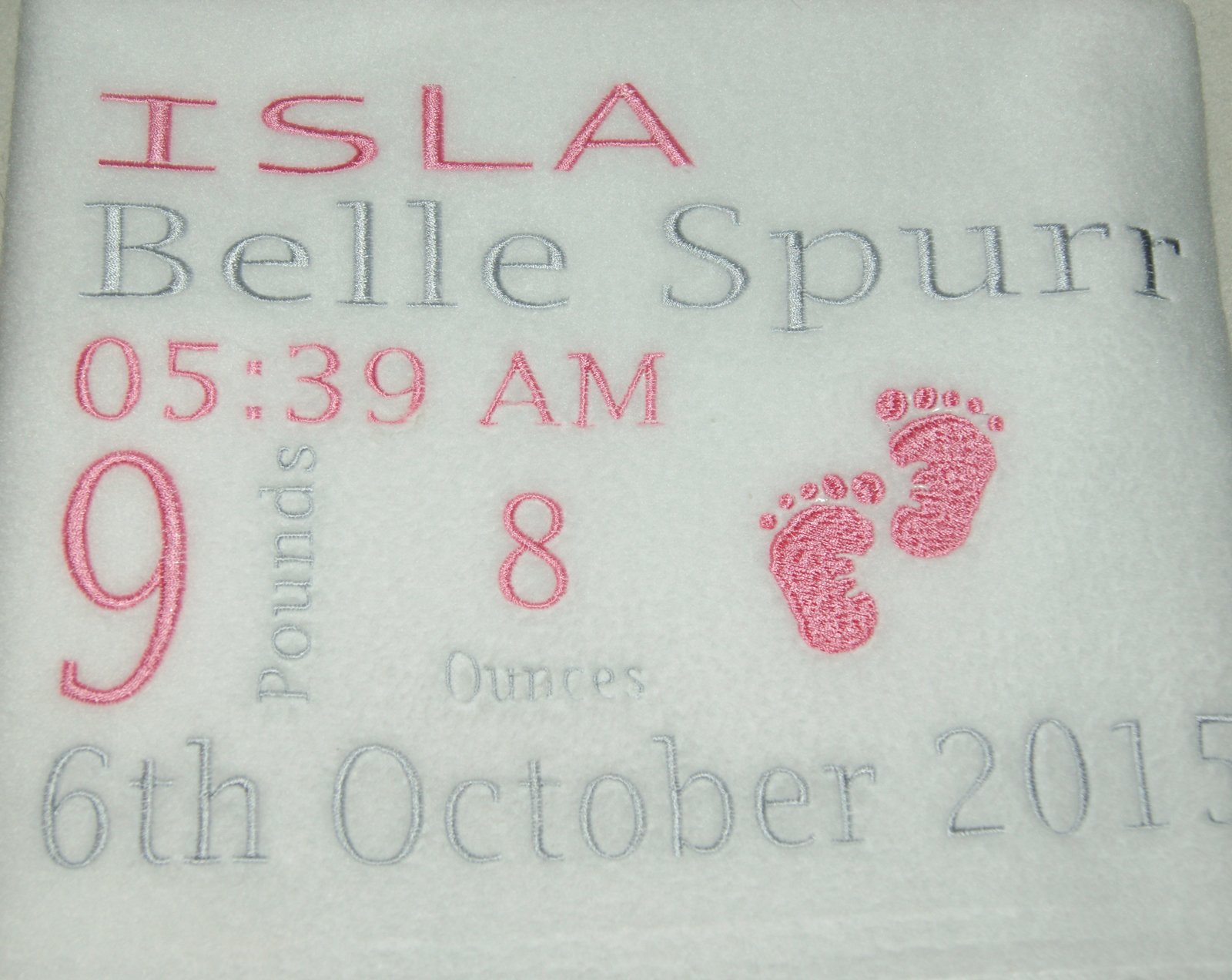 Sew Sew Special Pink, Blue, White, Cream Babies Birth Details Keepsake Personalised Super Soft Fleece Blanket
