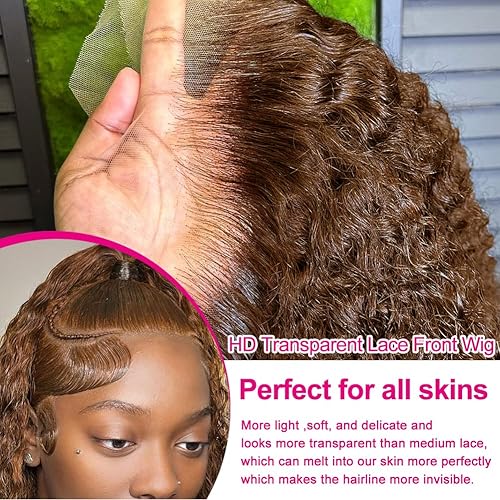 Miniatura 2 de Peluca de cabello humano rizado marrón claro de 13 x 4 pulgadas, peluca de cabello humano con encaje frontal transparente HD de 22 pulgadas, peluca