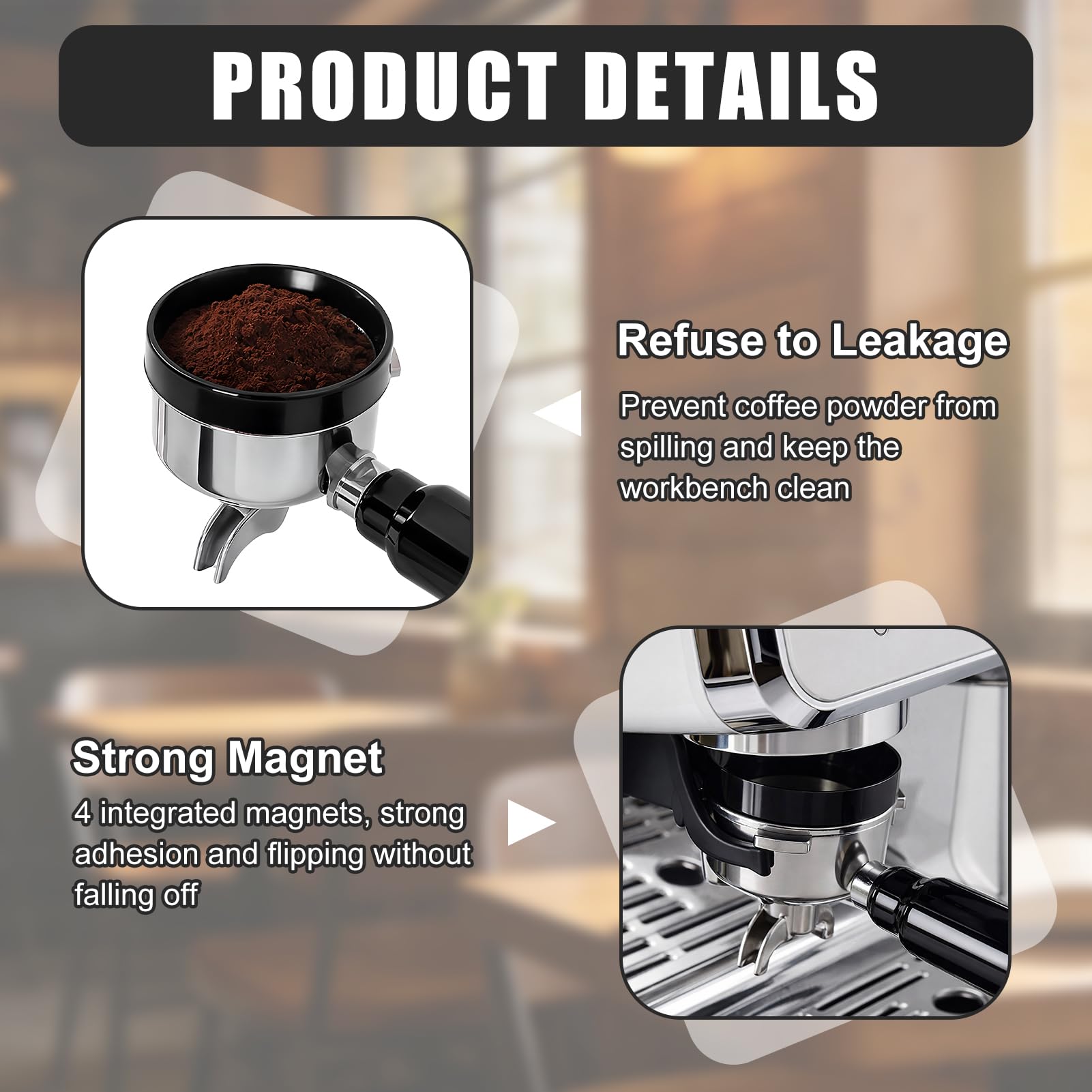 Diseño 2 en 1: Dosificación y nivelación: Coffee dosing ring 58mm más que un simple anillo, su diseño optimizado le permite dosificar el café y, al retirarlo, nivelar suavemente la superficie del café
