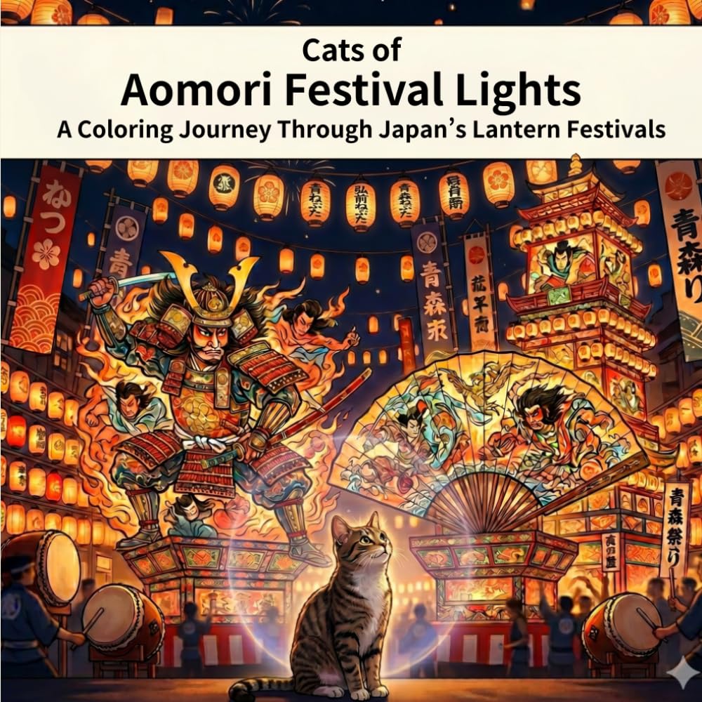 Cats of Aomori Festival Lights: A Coloring Journey Through Japan's Lantern Festivals