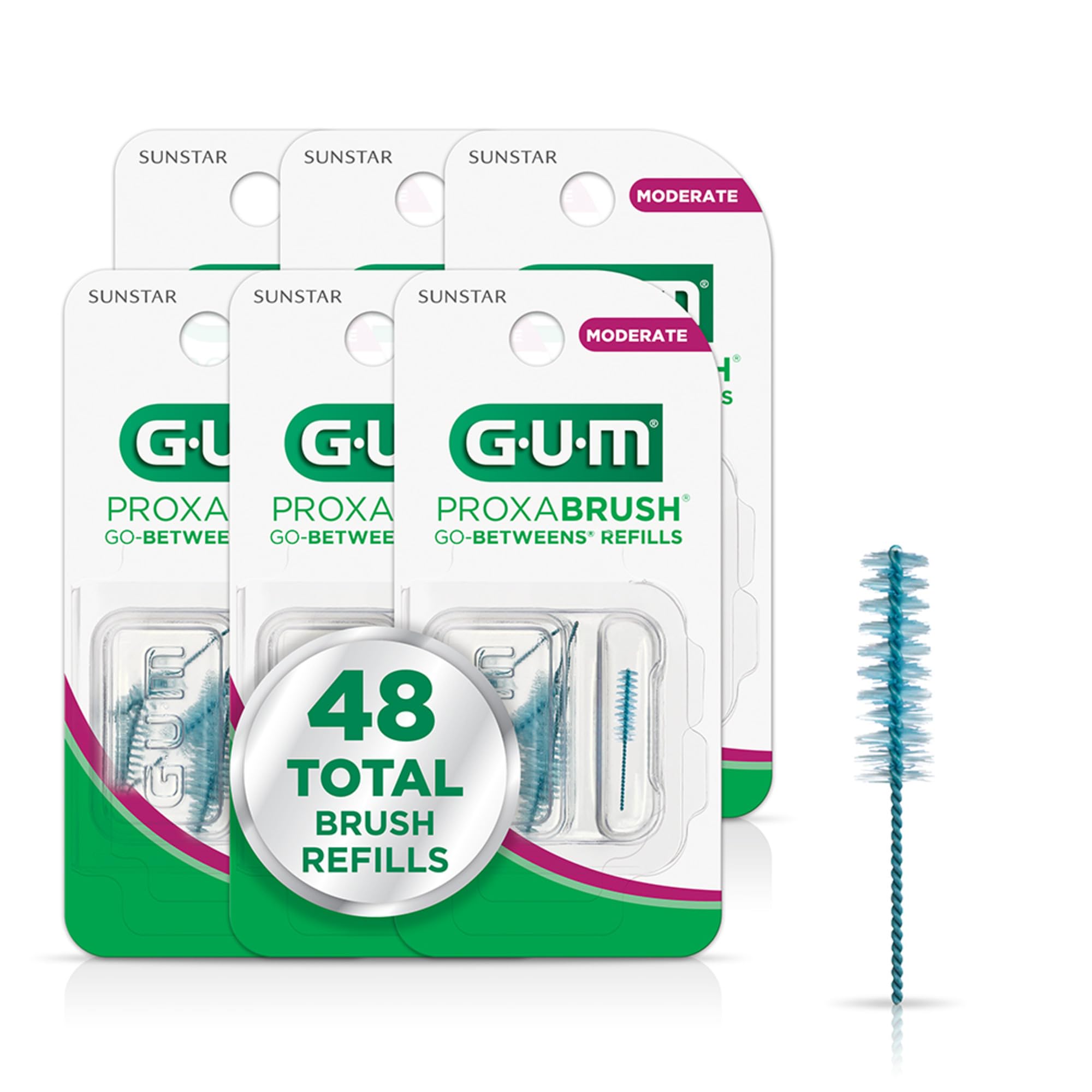 GUM Proxabrush Go-Betweens Moderate Refills, 8 Count (6 Pack) | Fits GUM permanent & dual-ended handles, Soft bristle-nylon-coated wire, Safe for braces & implants, 10 days of use per brush