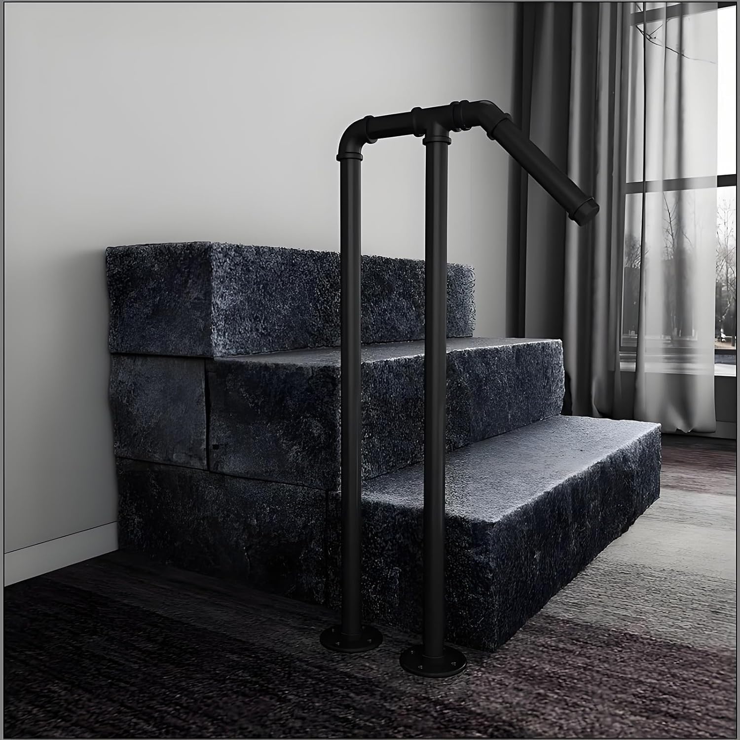 HGTRH Post Handrail Stair Railings for Outdoor Steps Fit 1-2 Steps Outdoor Wrought Iron Handrails Porch Railing for Concrete Steps or Wooden Stairs, Black 80cm Height