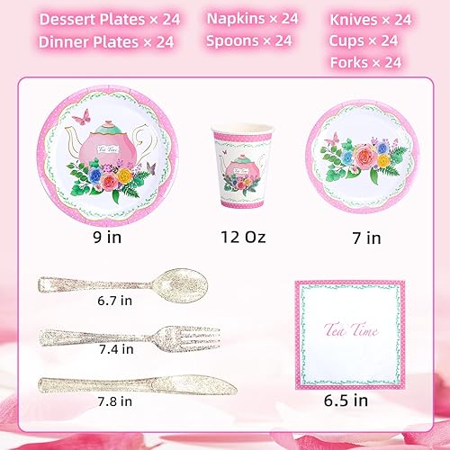 Miniatura 2 de Atonofun Suministros para fiestas de té juegos de platos y servilletas para fiestas de té platos para fiestas de té vasos servilletas y cubiertos