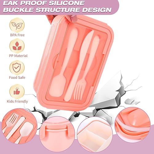 Miniatura 3 de Lonchera Bento de 77 piezas, bolsa de almuerzo grande con aislamiento rosa, 3 capas, apilable, a prueba de fugas, con taza, bolsa de almuerzo,