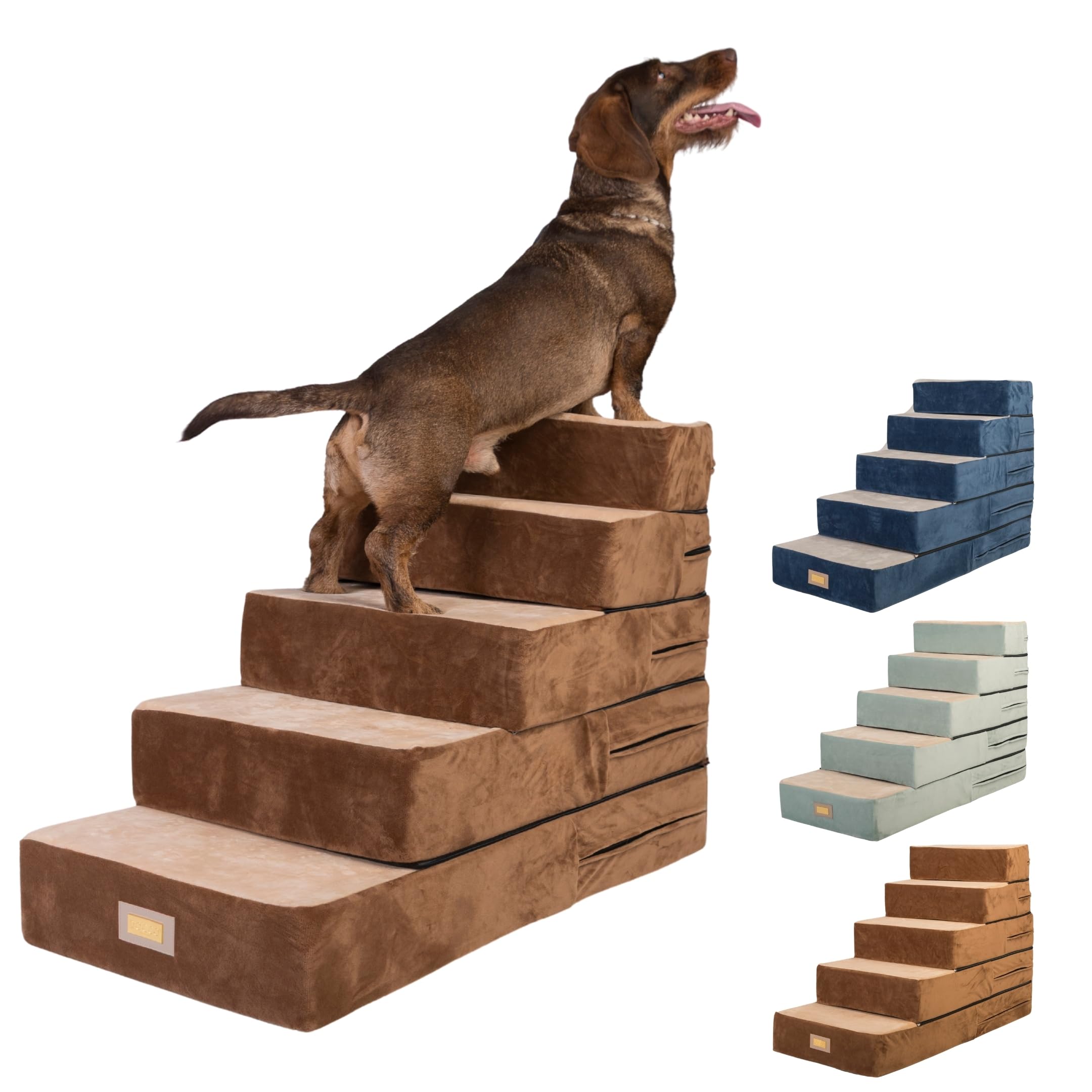 All-in-One Adjustable Dog Stairs – 5-Step Premium Pet Ramp for Small to Medium Dogs – Sturdy, Non-Slip & Versatile for Beds, Sofas & More - Soft Cover, Modern Design (Brown)(missing 2 step)