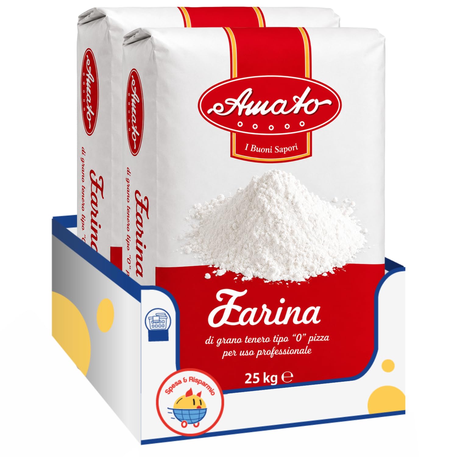 Amato Farina Pizza Tipo 0 25 kg, Farina di Grano Tenero per Pizza, Pane, Focaccia e Lievitati, Ideale per Impasti Professionali, Confezione Multipla da 1/2 Pezzi (2 PEZZI)