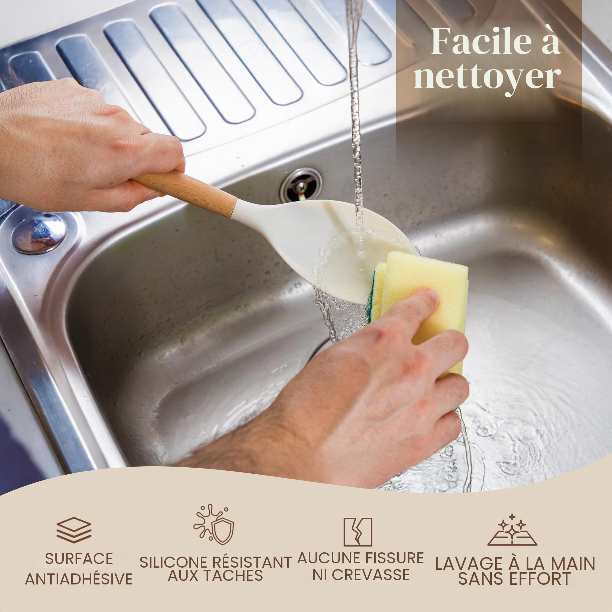 Ustensiles de cuisine antiadhésifs - Ustensiles en silicone résistants à la chaleur avec manche en bois - Ensemble de louches, cuillères et spatules - Outils et accessoires de - 35 pièces, Crème