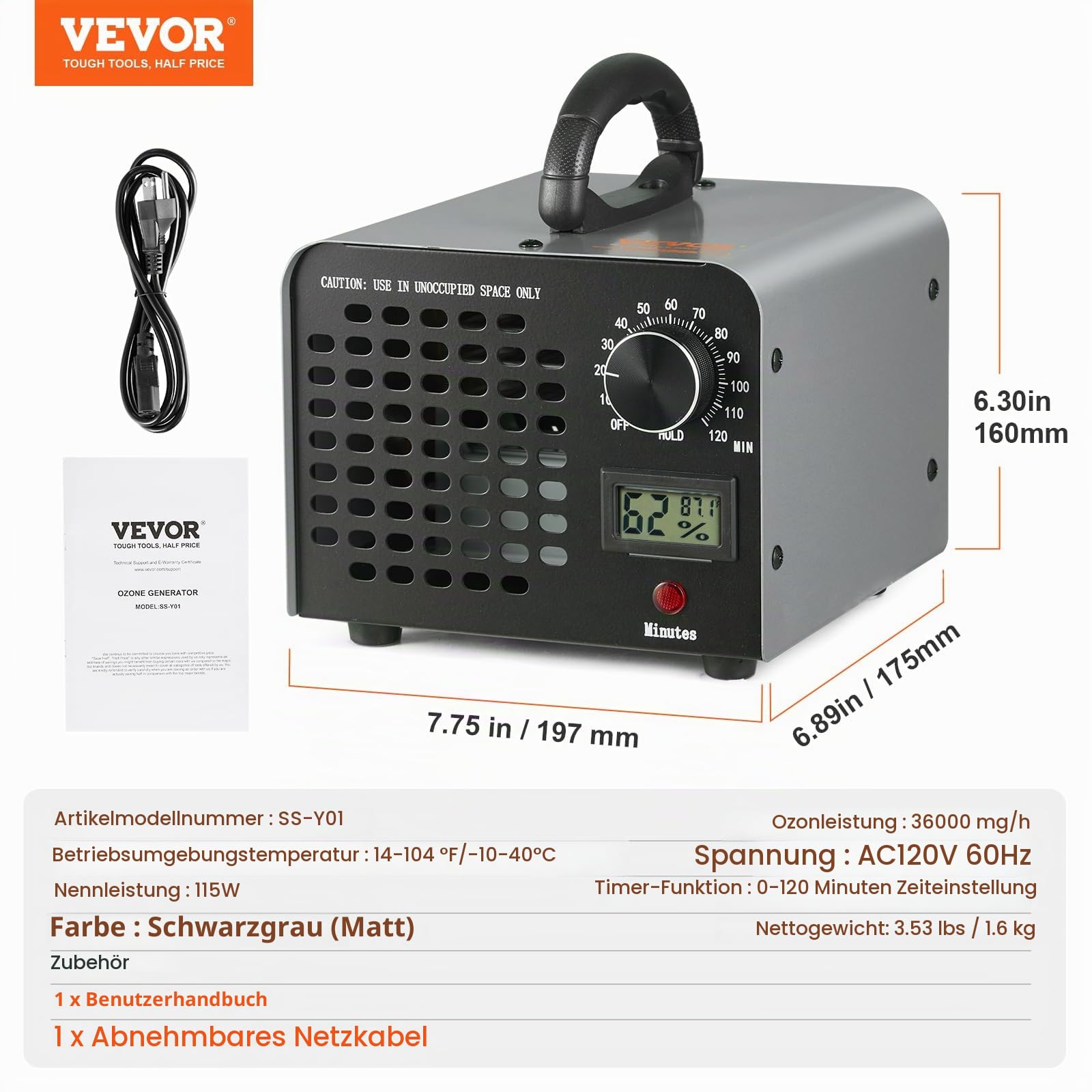 VEVOR Ozongenerator 36000mg/h Ozonisator 115W Luftreiniger 300㎡ Ozongerät Bausanierung 0-120-Minuten-Timer Desodorierer Ozone Generator Luftfeuchtigkeitsanzeige Intelligente Überwachung des Raumklimas