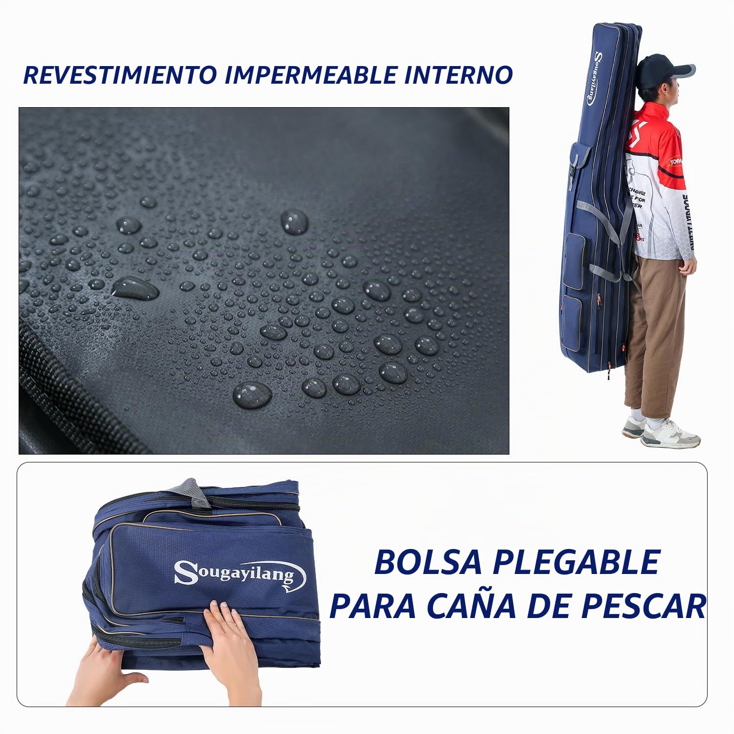 Sougayilang Bolsa plegable portátil para caña de pescar, almacenamiento de aparejos de gran capacidad de 3 capas, 135/165 cm, Azul-165 cm, 165 cm, Práctico