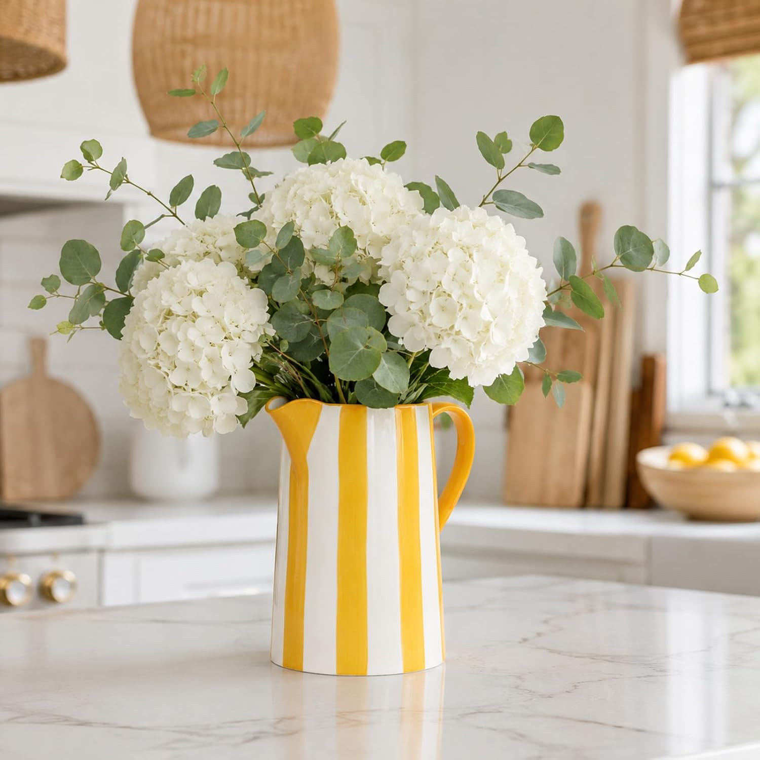 orenm Ceramic Pitcher Vase with Handle,Blue and White Modern Decorative Pitchers,Boho Pottery Jug Flower Vase for Decor Farmhouse Table Centerpiece, Kitchen, Desktop Decor (D-Yellow Stripes)