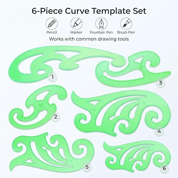 TecUnite 6 Pcs French Curve Ruler Set, Clear Green Plastic Curve Templates for Drawing, Drafting, Sewing Pattern Making, Fashion Design and Art Craft Projects