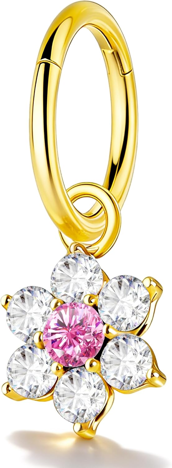 Jewseen Rook Piercing Jewelry Ruby Flower 16G 316L Surgical Steel Dangle Rook Earring for Women 6MM 8MM Gold Helix Daith Earrings Cartilage Lobe Earrings Hoop Nickel Free