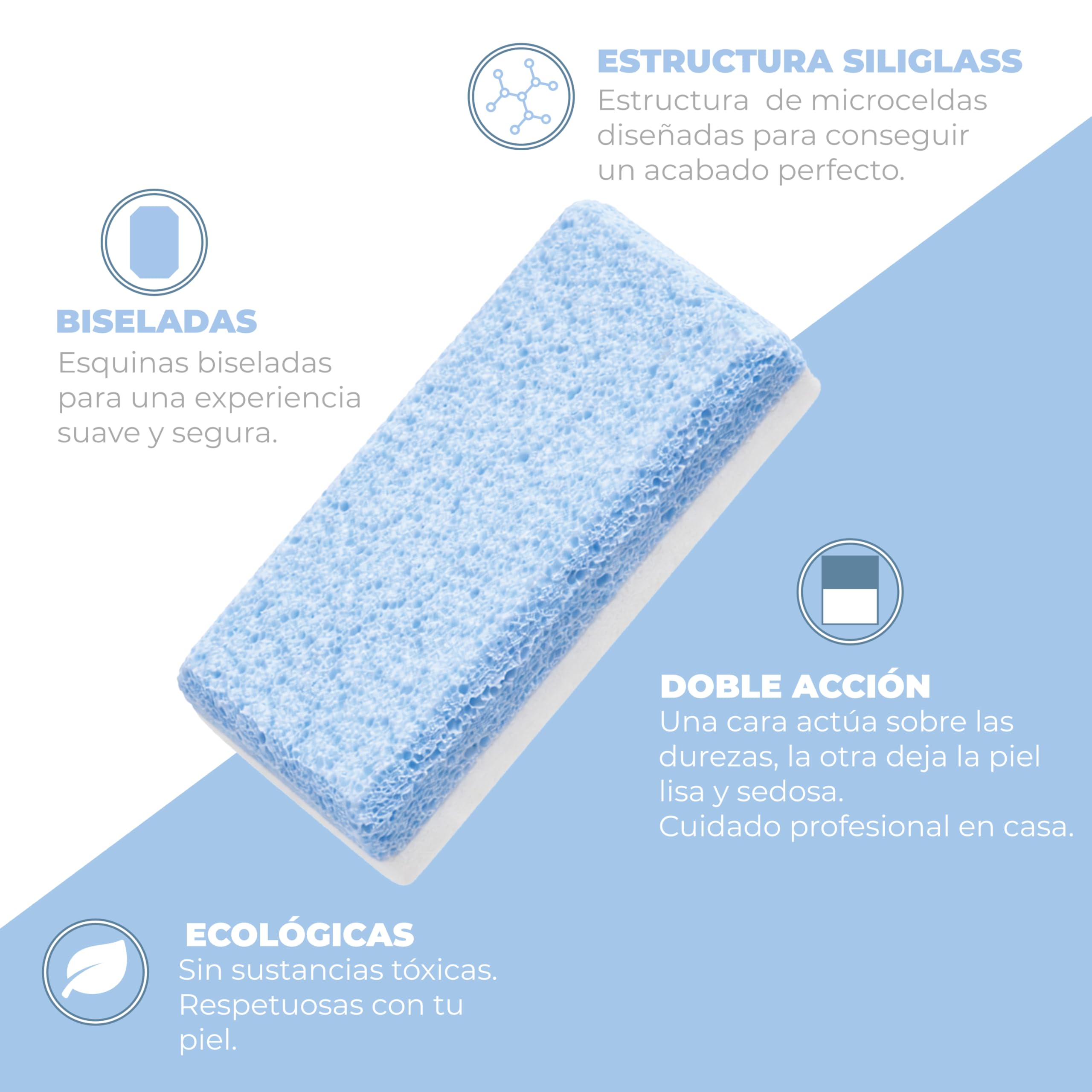 Piedra Pómez Doble Acción para pedicura - Elabella- Pack de 2 unidades - Elimina la piel dura de pies y manos y los suaviza - Lados biselados y estructura Siliglass