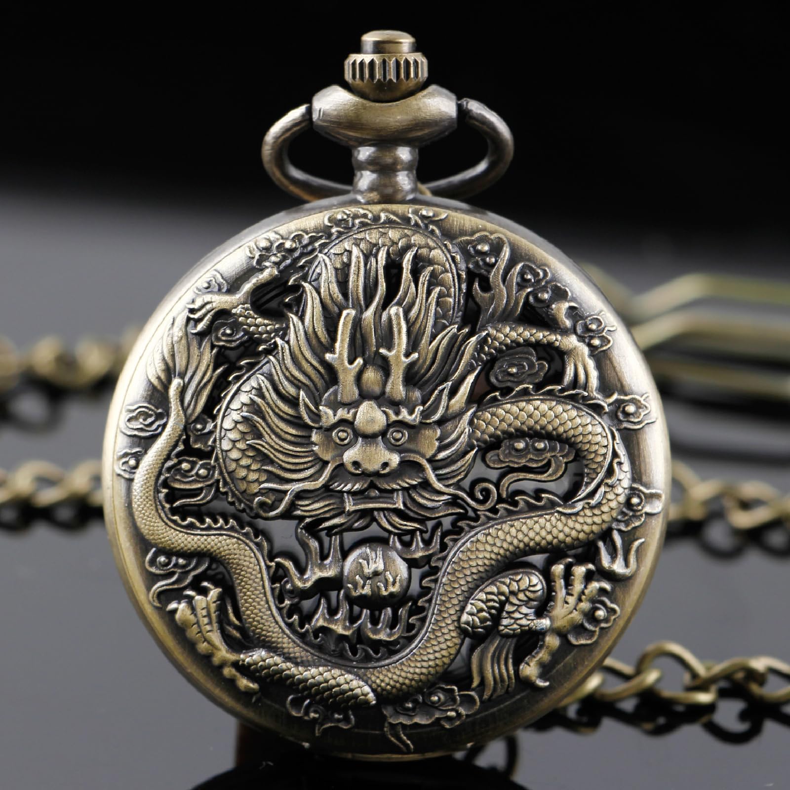 Alwesam Custom Dragon 3D Pattern Design Quartz Personalized Pocket Watch with Chain Best Gifts for Men Women