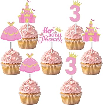 24Pcs Princess Theme 3rd Birthday Party Decorations Pink Her Royal Threeness Birthday Cupcake Toppers Castle Crown Number 3 Cake Decorations for Girls Royal Princess 3rd Birthday Party Supplies