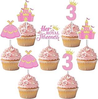 24Pcs Princess Theme 3rd Birthday Party Decorations Pink Her Royal Threeness Birthday Cupcake Toppers Castle Crown Number 3 Cake Decorations for Girls Royal Princess 3rd Birthday Party Supplies