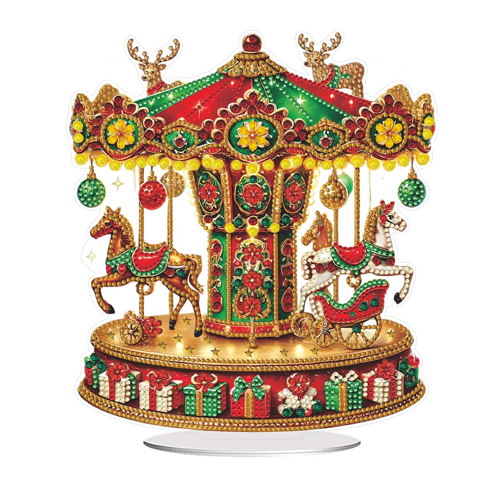 Fiorky Christmas 5D Diamond Painting Kits For Adults Diy Diamond Art Kits Acrylic Carousel Diamond Painting Tabletop Ornaments Kit Cute Tabletop Decorations For Home Office Desktop Decor For Beginners