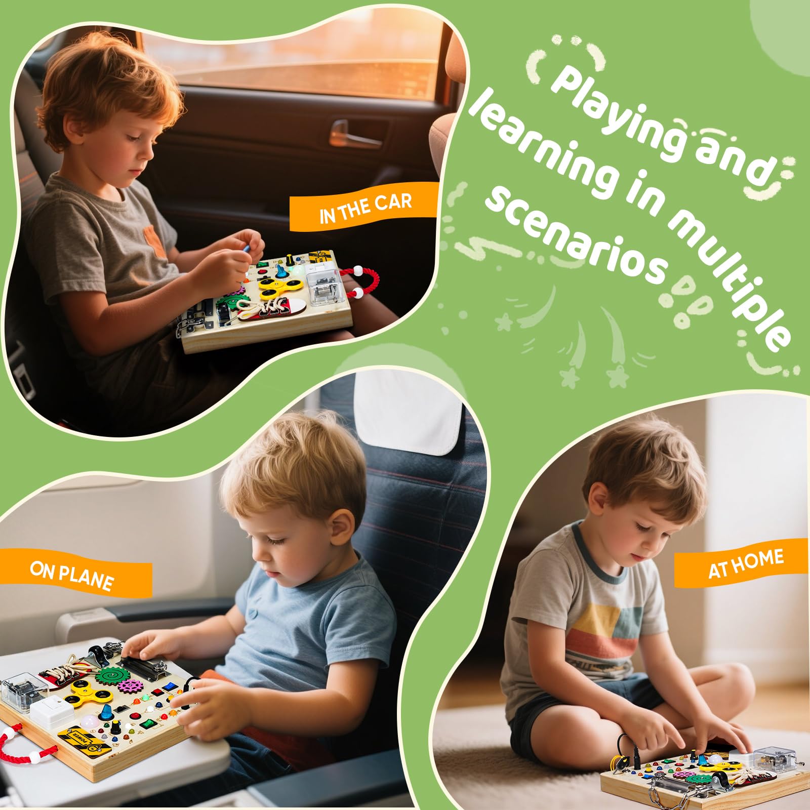 Montessori - Juguetes de mesa de madera para niños y niñas de 1, 2, 3 años, juguete de viaje educativo sensorial con interruptores de luz LED y cajas de música, cerraduras para niños de 1 a 6 4