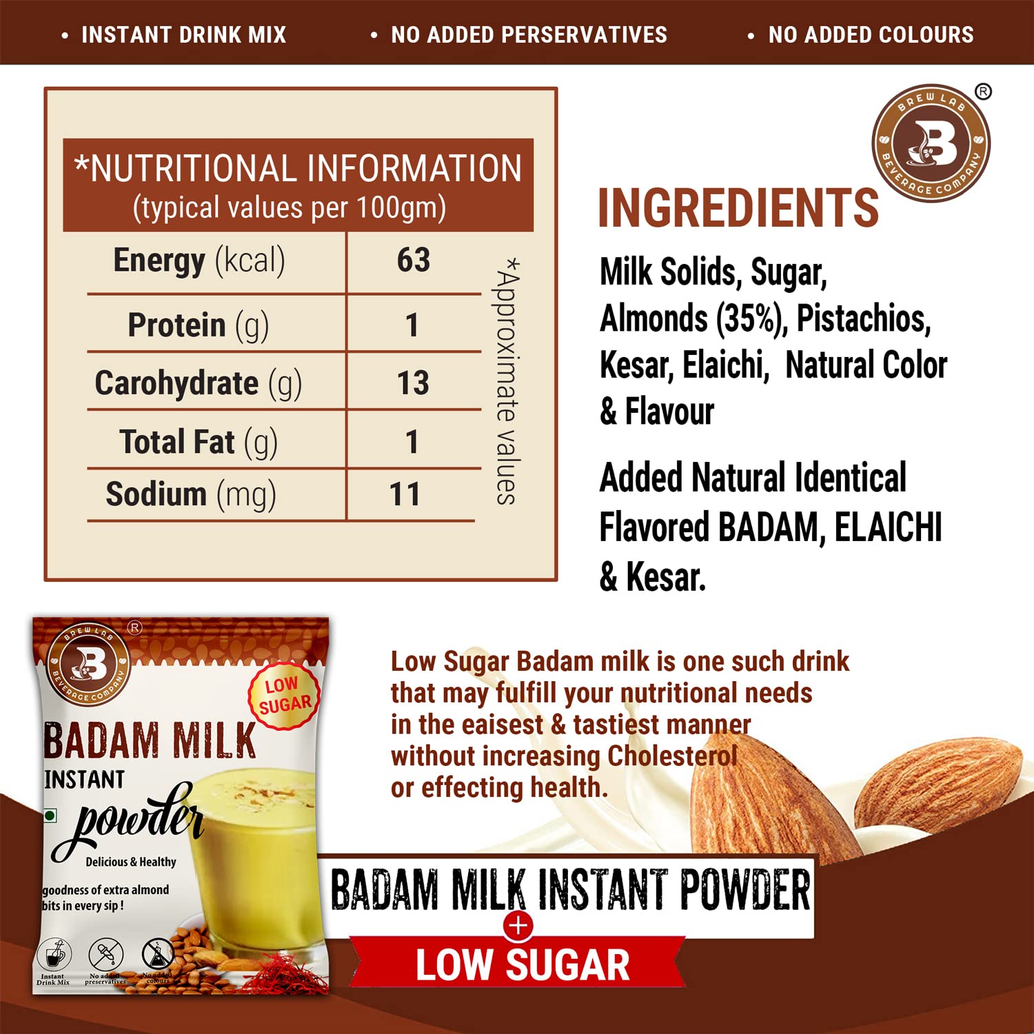 Brew Lab Badam Milk Instant Powder Low Sugar | Goodness Of Extra Almond Bits | Natural Taste & Flavor | (1 kg) 1