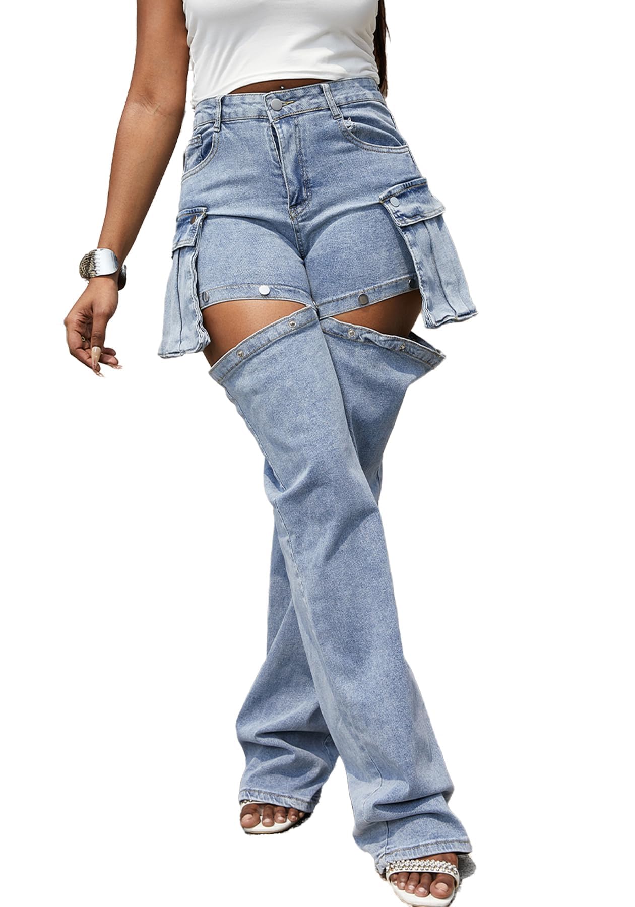 Women Cargo Jeans Y2K High Waisted Baggy Cutout Detachable Summer Jean Shorts Streetwear