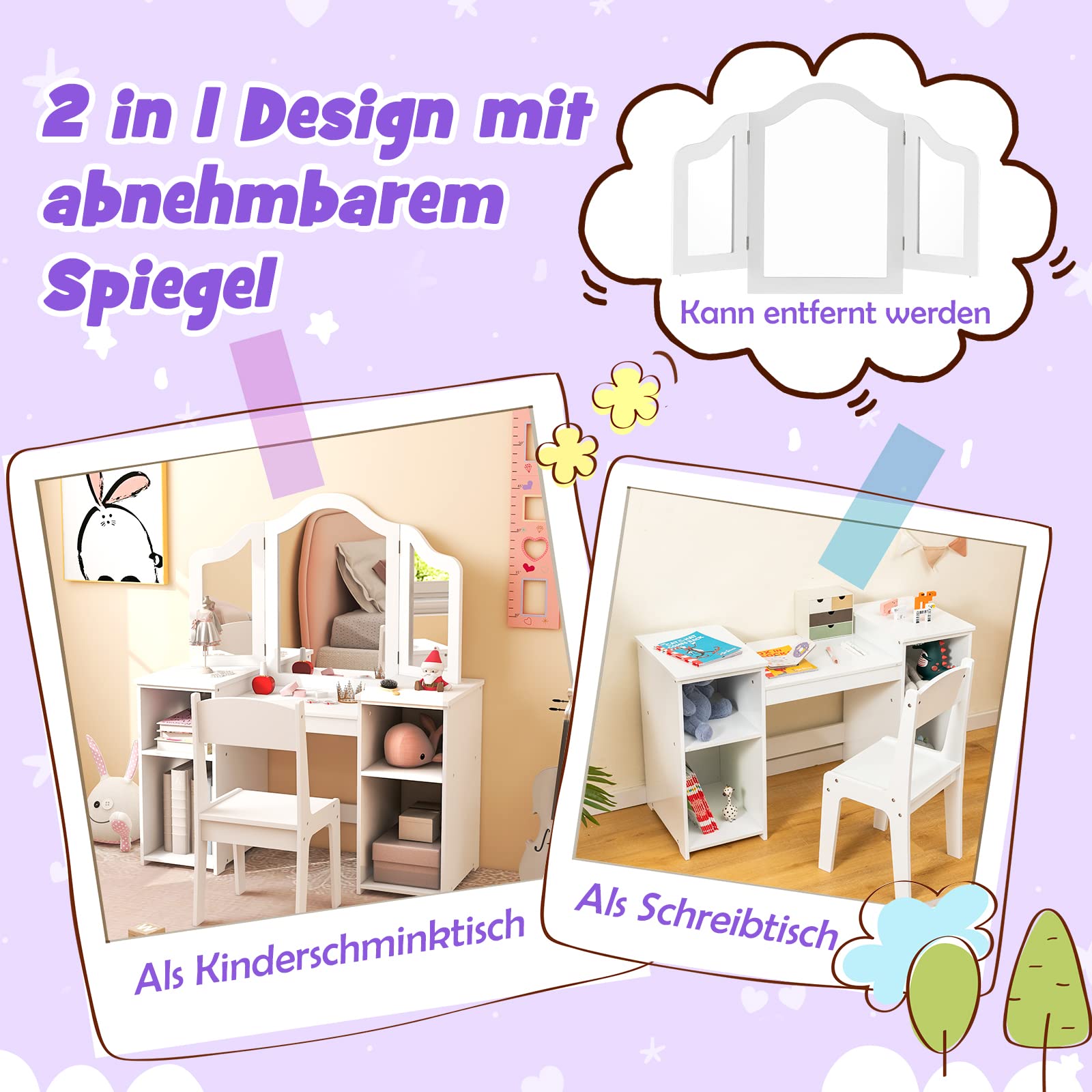 DREAMADE 2 in 1 Kinder Schminktisch mit Hocker und abnehmbarem Spiegel, Prinzessin Frisiertisch mit 4 offenen Ablageflächen, Kinderschminktisch für Kinder Mädchen (Weiß-mit Hocker ohne Box)