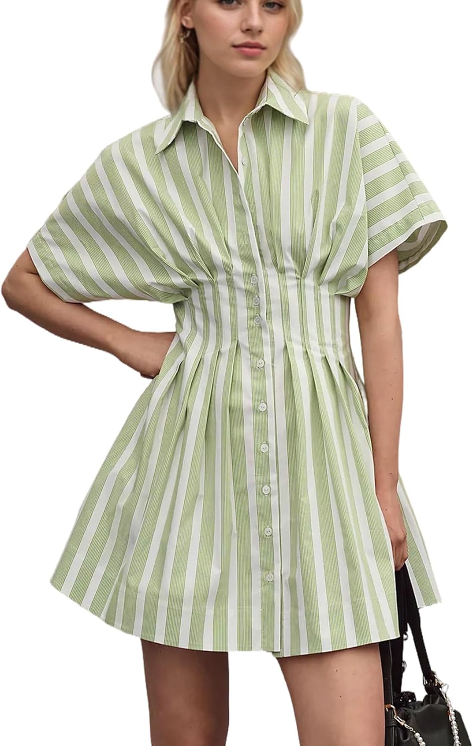 Women Button Down Pleated Shirt Dress Striped Short Sleeve Summer Casual Business Flowy Mini Short Dress