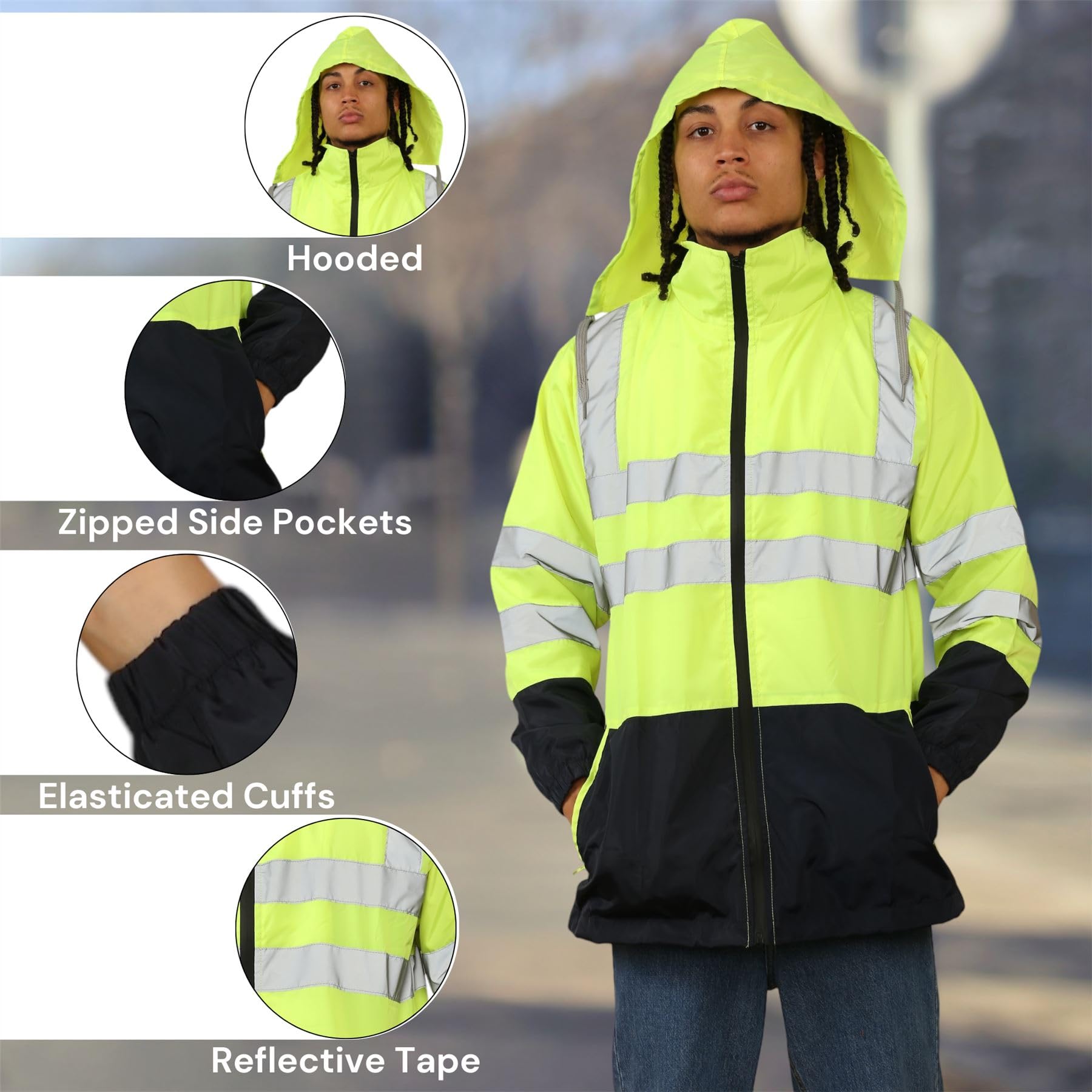 Męska wodoodporna kurtka Hi Vis, klasyczna odblaskowa kurtka przeciwdeszczowa z kapturem, odzież robocza Hi Vis - poliester na co dzień kontrastowe kolory lekkie wodoodporne kurtki męskie