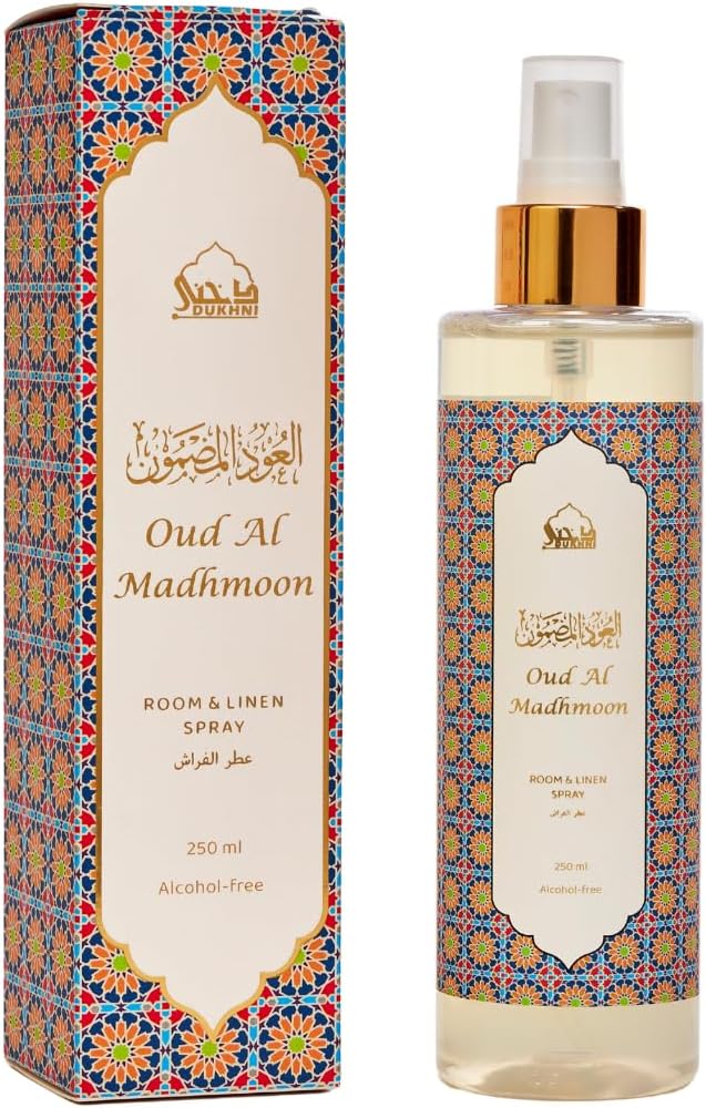 Oud Al Madhmoon Attar Al Faraash by Dukhni | 250ml Non Alcoholic Spray | Arabic Natural Mist | Air Freshener, Room Mist, Fabric & Linen Spray | Perfect for Prayer mats, beds, sofas, curtains