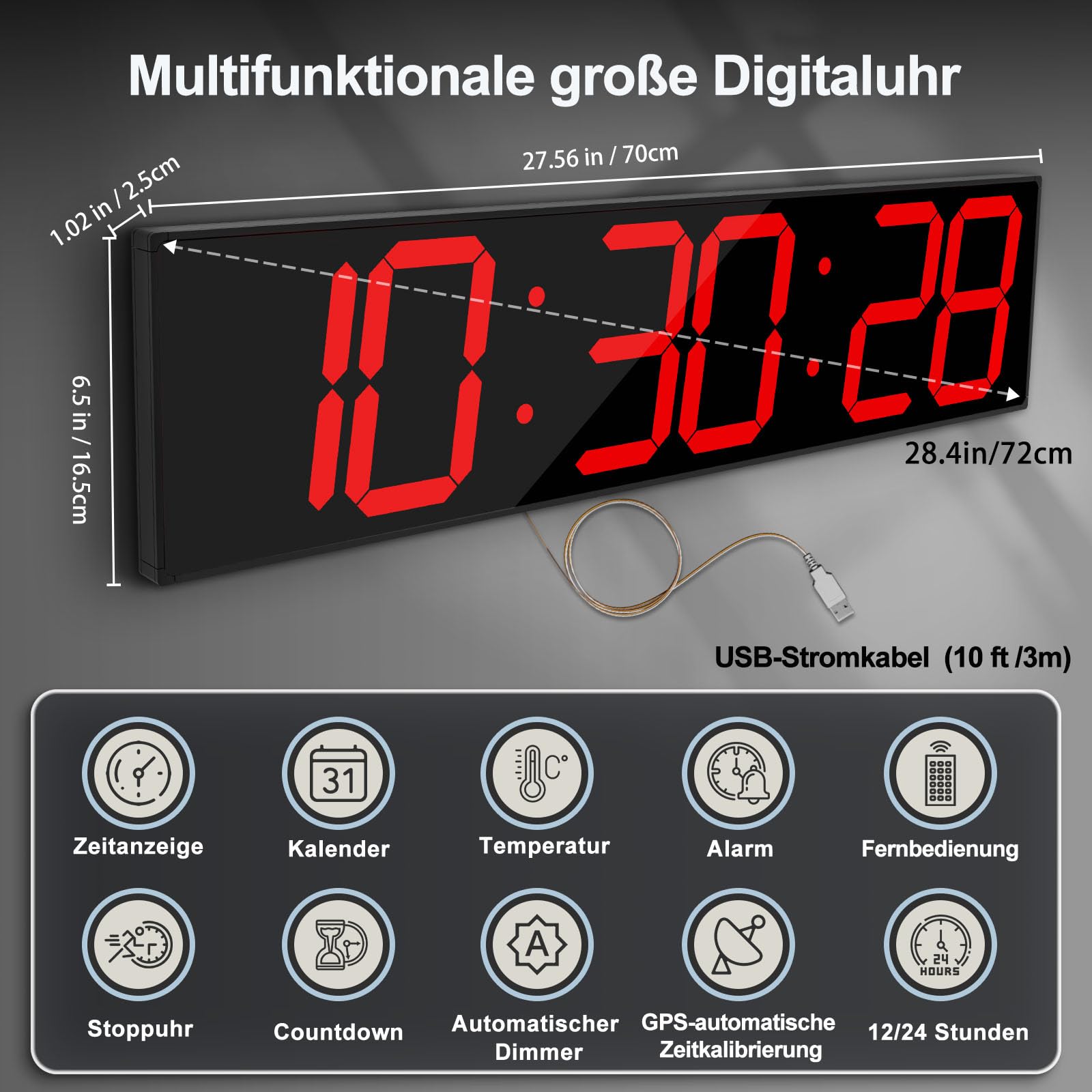 CHKOSDA 28,4-Zoll-Digital-Wanduhr, Digitale Uhr mit automatischer Zeitsynchronisation und einfacher Bedienung, große Wanduhr mit Countdown-Funktion, Wecker, Kalender und Temperaturanzeige (rot)