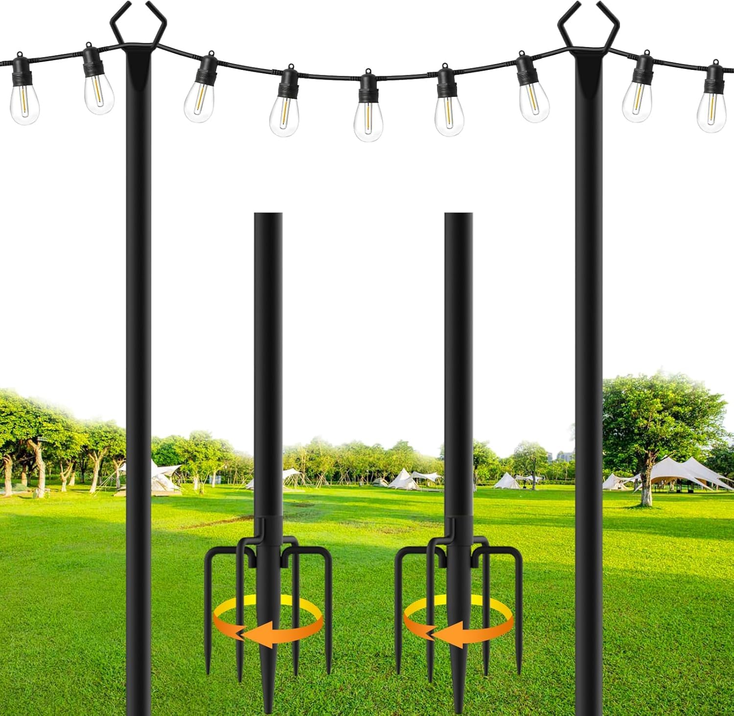 LAND·VOI 9FT Heavy Duty String Light Poles – 2-Pack With 5-Prong Fork Base For Patio, Garden & Backyard