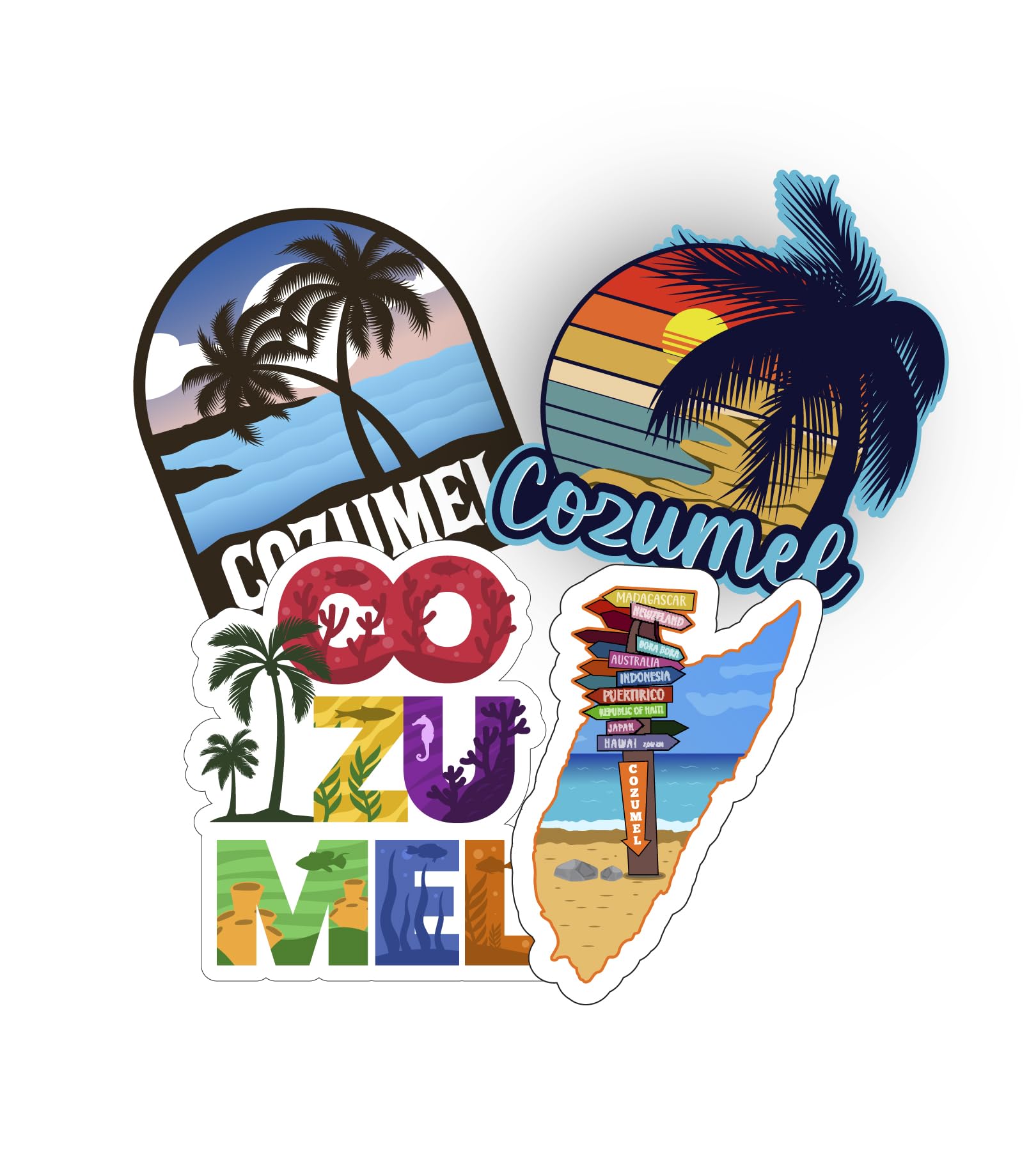 Cozumel Mexico Sticker Pack, Pack of 4 Stickers, 3 inch Sticker (Waterproof Vinyl Decal for Car, Water Bottle, Laptop, iPad, Window, Cooler, Luggage,