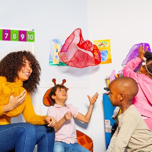 Miniatura 5 de KIMOBER 12 bufandas cuadradas de baile, 12 colores malabares de seda, trucos de magia de música, accesorios para niños pequeños (24 x 24 pulgadas)