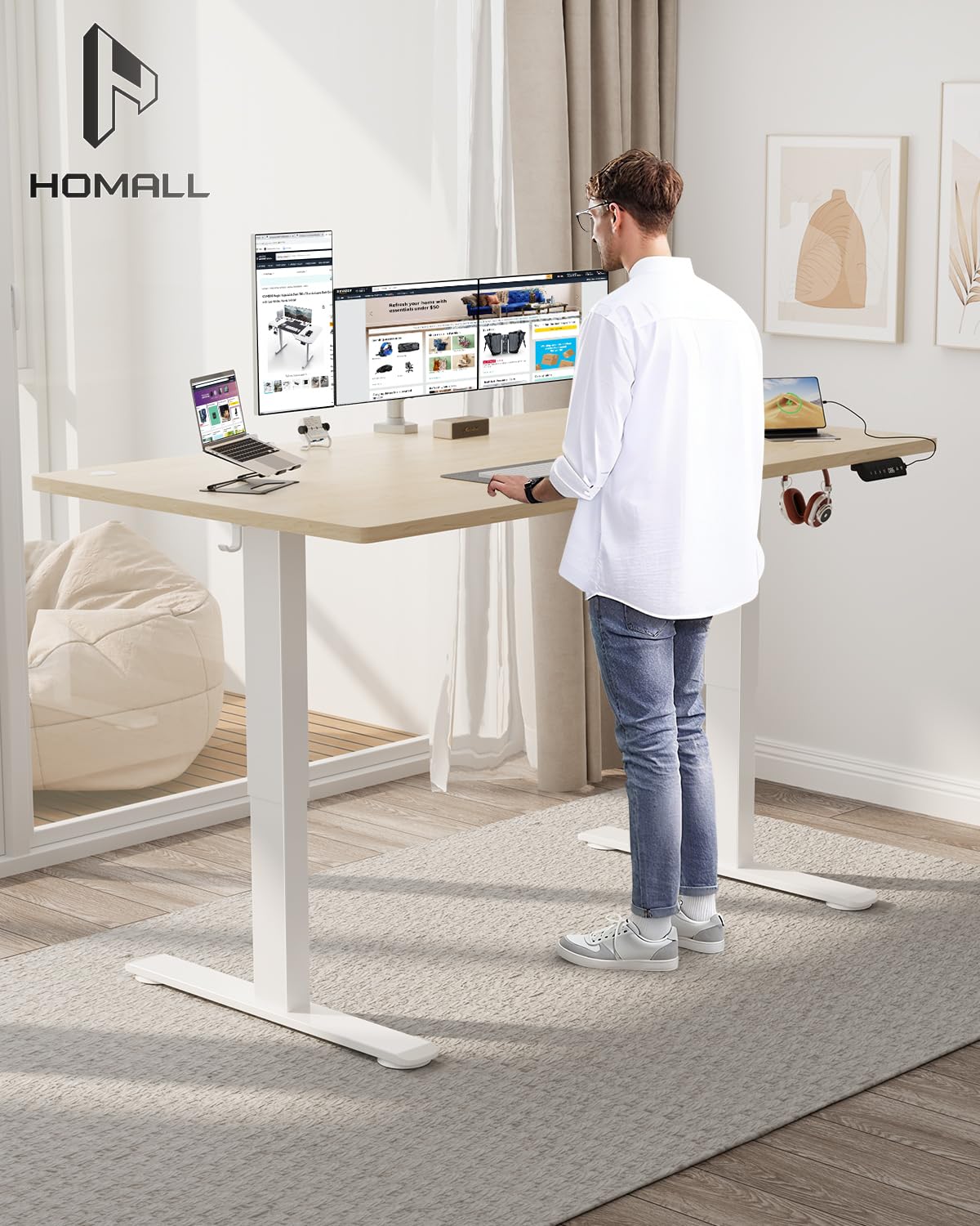 Homall Escritorio de Altura Regulable de 160 x 80 cm con Puerto de Carga USB-A, Escritorio eléctrico con Bandeja de gestión de Cables, Escritorio de pie con 3 Funciones de Memoria, Escritorio para