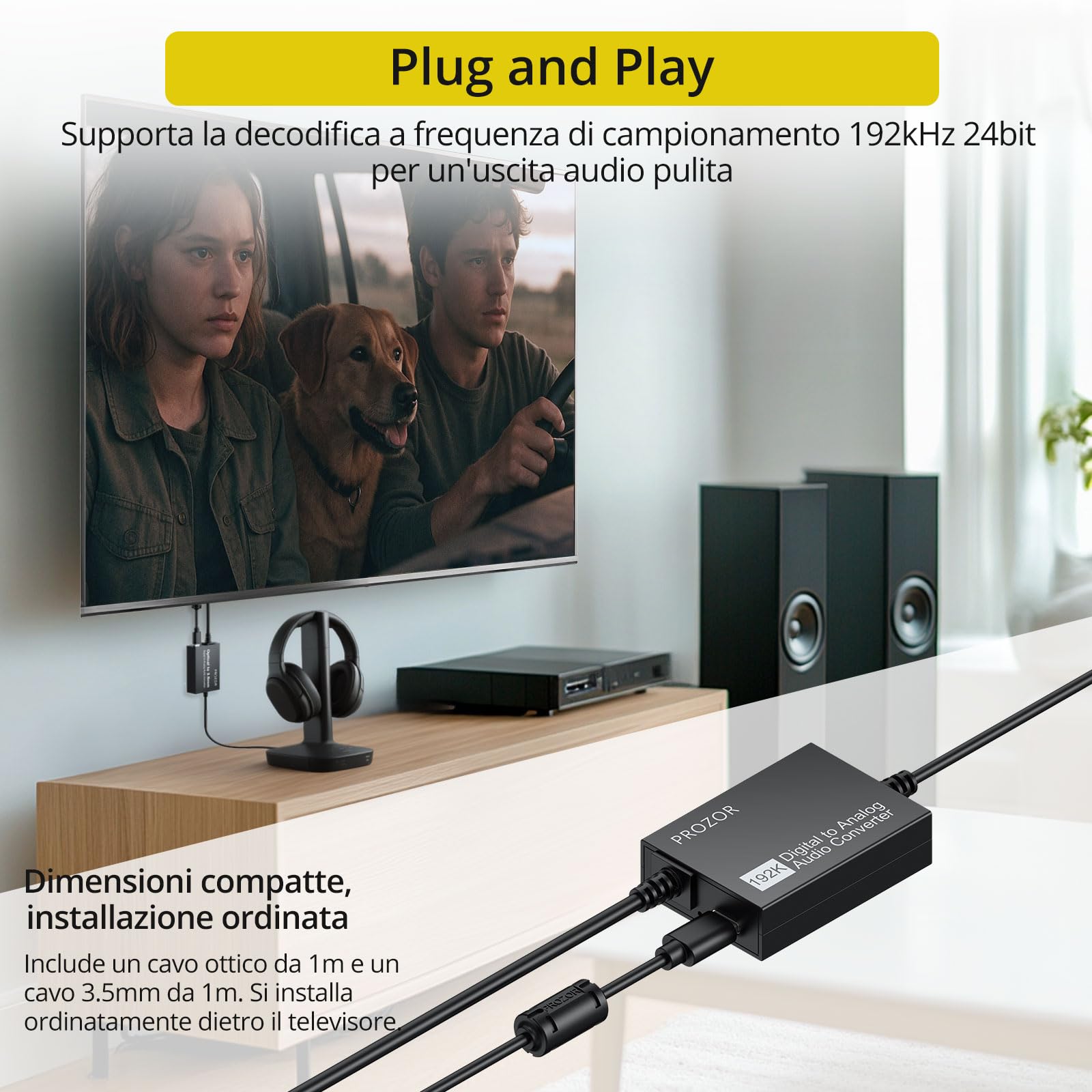 PROZOR Convertitore Ottico Digitale-Analogico 3,5 mm a 192 kHz DAC SPDIF Toslink 2.0CH Adattatore AUX