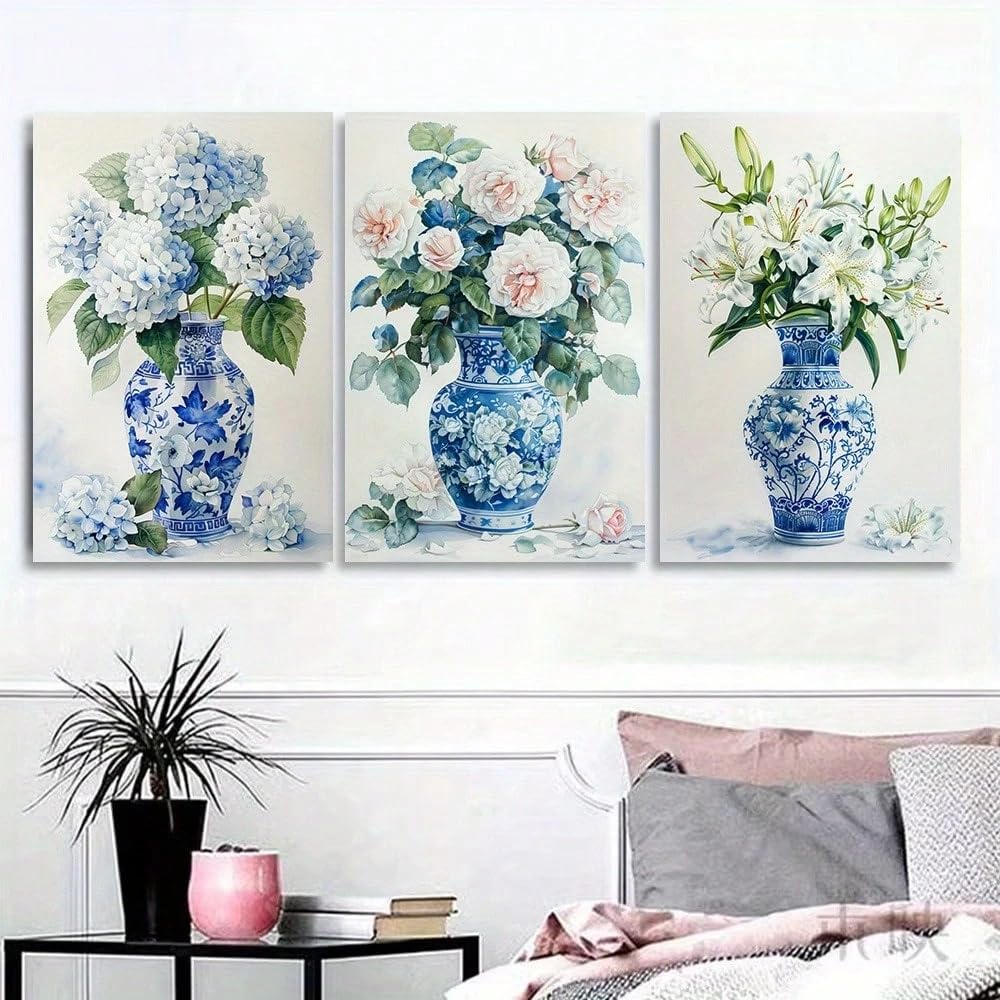 Cuadro decorativo de 3 piezas con jarrón de porcelana azul y blanca, ideal para la decoración de habitaciones (50x70cm x 3/Sin marco).