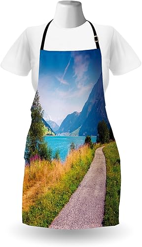 Miniatura 2 de Paisaje delantal por lunarable, bicicleta camino alrededor de Resia lago alpes italianos colorido verano mañana idílico escena, unisex delantal con