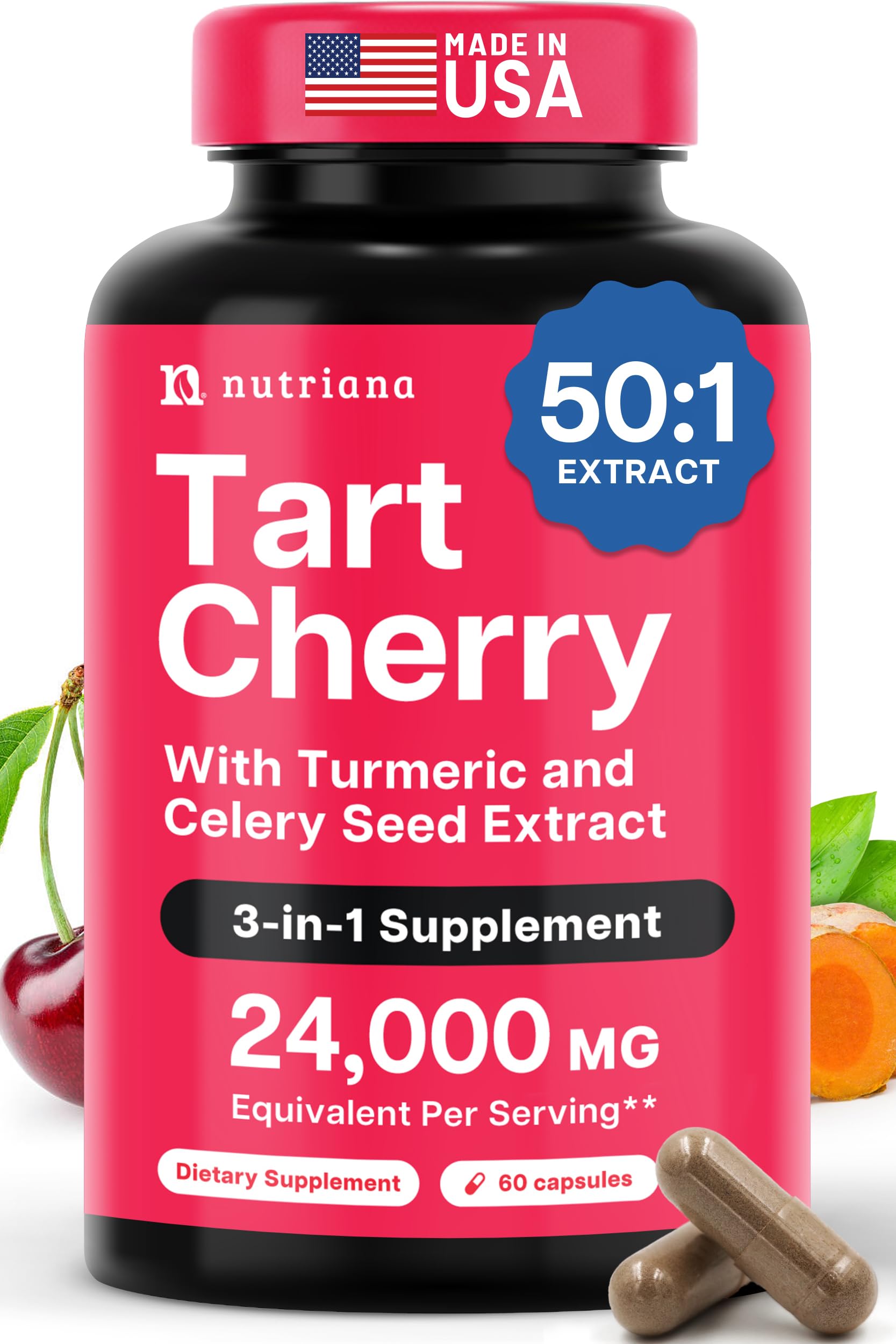 3 in 1 Tart Cherry Extract Capsules with Turmeric & Celery Seed for Feet & Joint Support Uric Acid Flush Cleanse & Purge Pills, 60 Veggie Capsules Manufactured in USA
