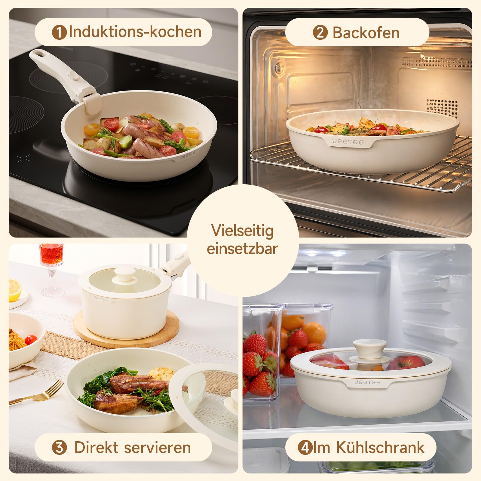 JEETEE Topfset Pfannenset 25-teilig mit abnehmbaren Griffen – Induktionsgeeignet, Antihaft, Stapelbar, Ofenfest, Weiß
