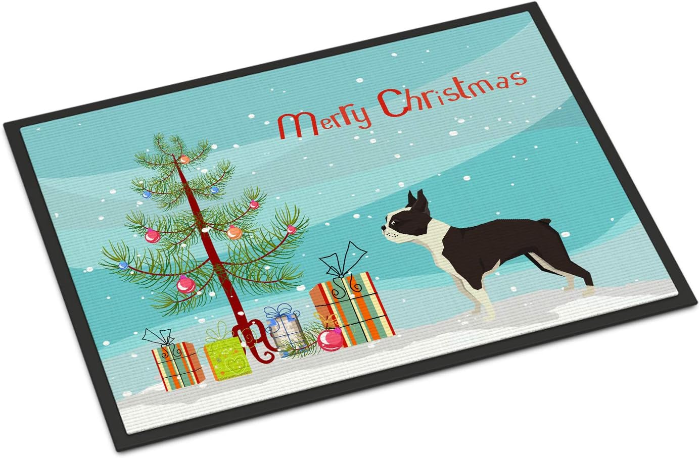 Caroline's Treasures CK3525MAT Boston Terrier Christmas Tree Doormat 18x27 Front Door Mat Indoor Outdoor Rugs for Entryway, Non Slip Washable Low Pile, 18H X 27W