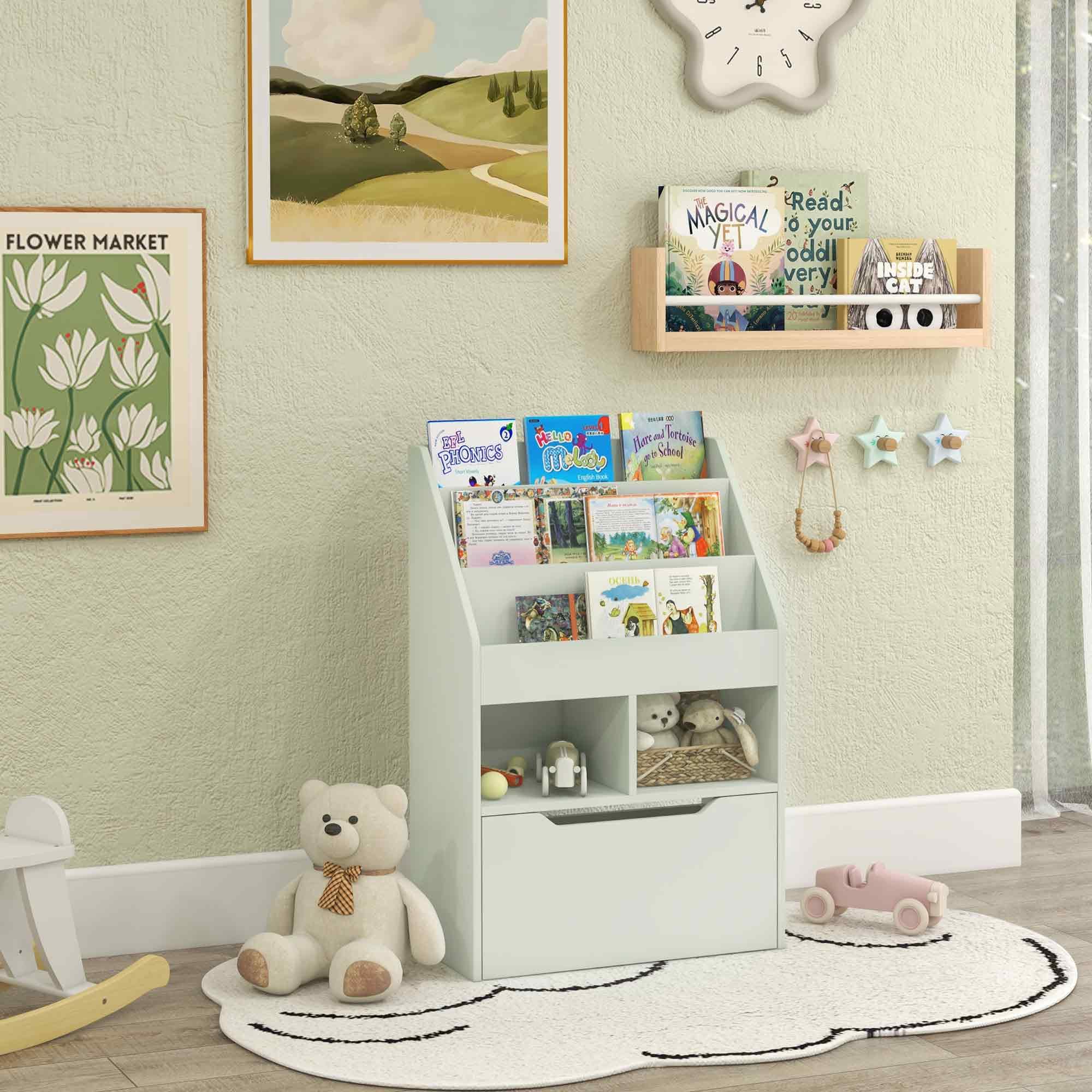 HOMCOM Bibliothèque étagère Multi-Rangement 3 étagères 2 niches Grand tiroir en Bois Vert Clair