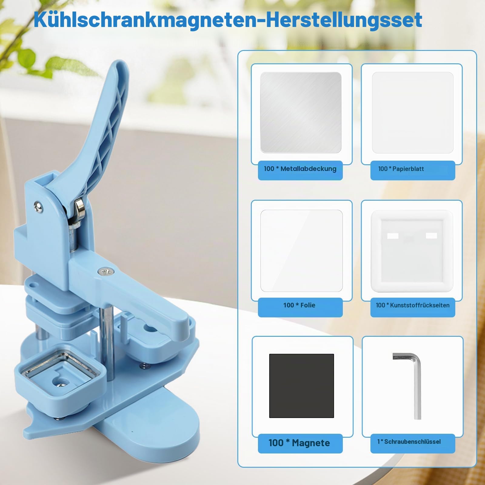 Quadratische Knopf-Maschine, 50 mm, DIY Pin Badge Maker Custom Badge Press Kit mit 100 Set Square Button Making Supplies für Geschenke Pin Maker