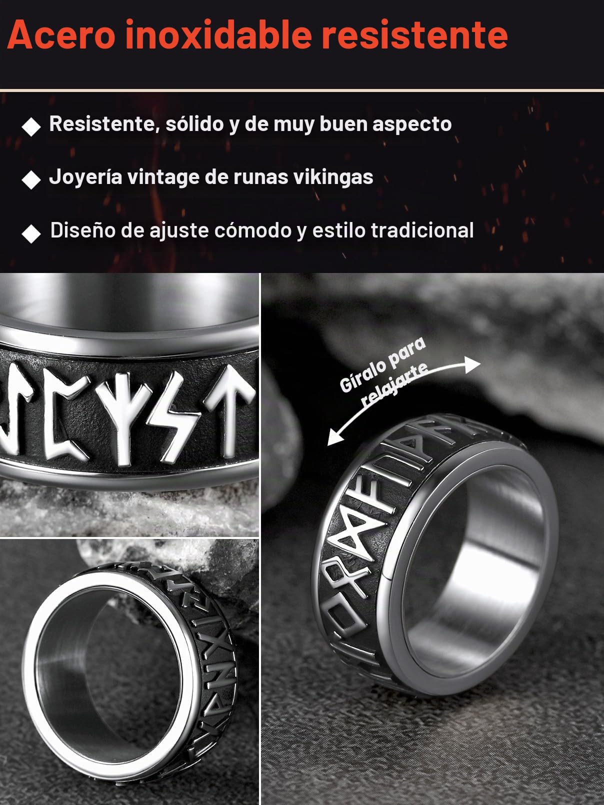 FaithHeart Anillo Giratorio Runas Vikingas Hombre Acero Inoxidable 316L Anillo Rotativo Anti-estrés Anillo Hip Hop Joyería Religiosa Nórdica de Protección
