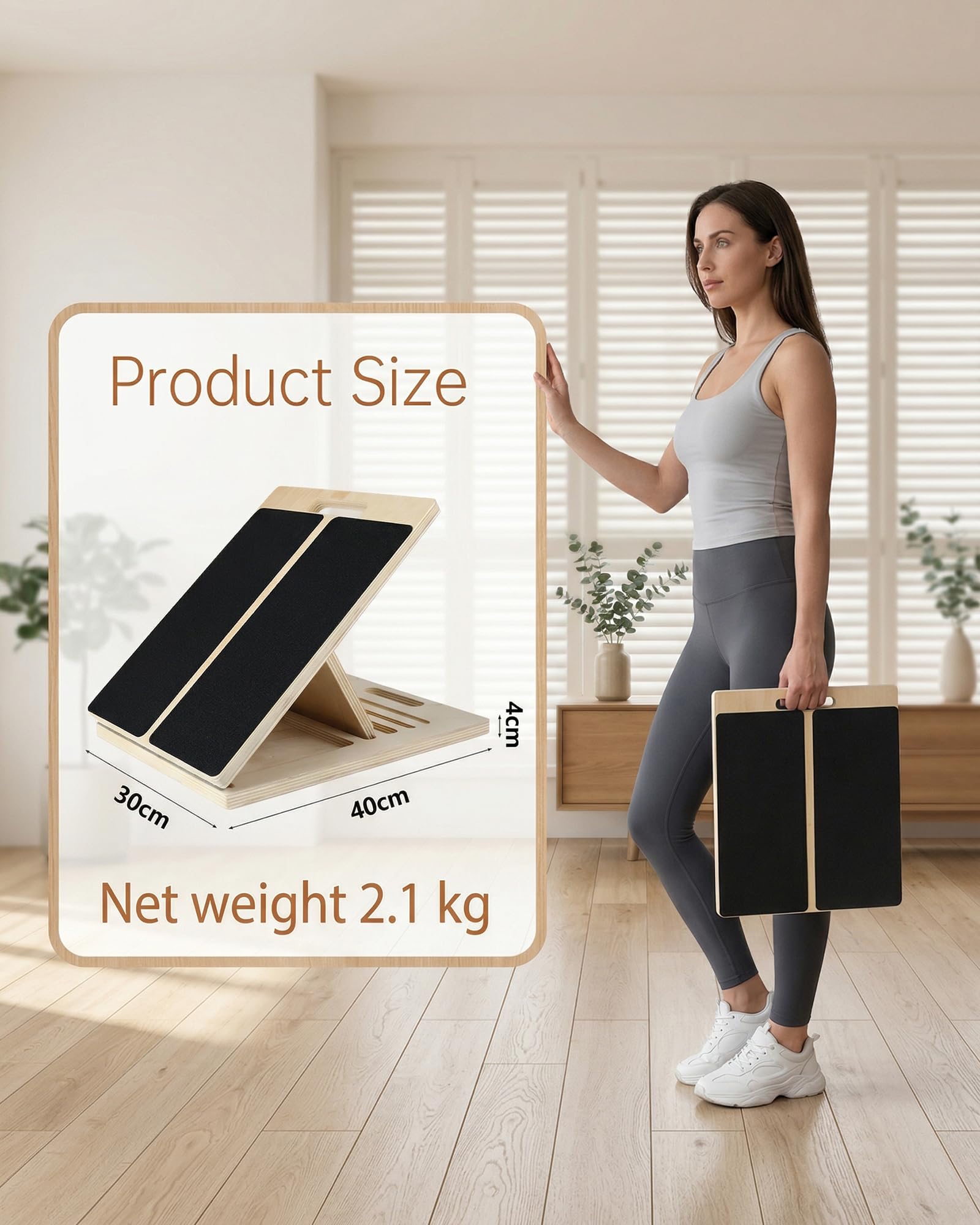 Tavola Inclinata 40×30×4,5 cm, Balance Board Legno Regolabile per Stretching, Squat, Polpacci e Riabilitazione, Stretch and Mobility Board per Uso Domestico, Palestra e All'aperto