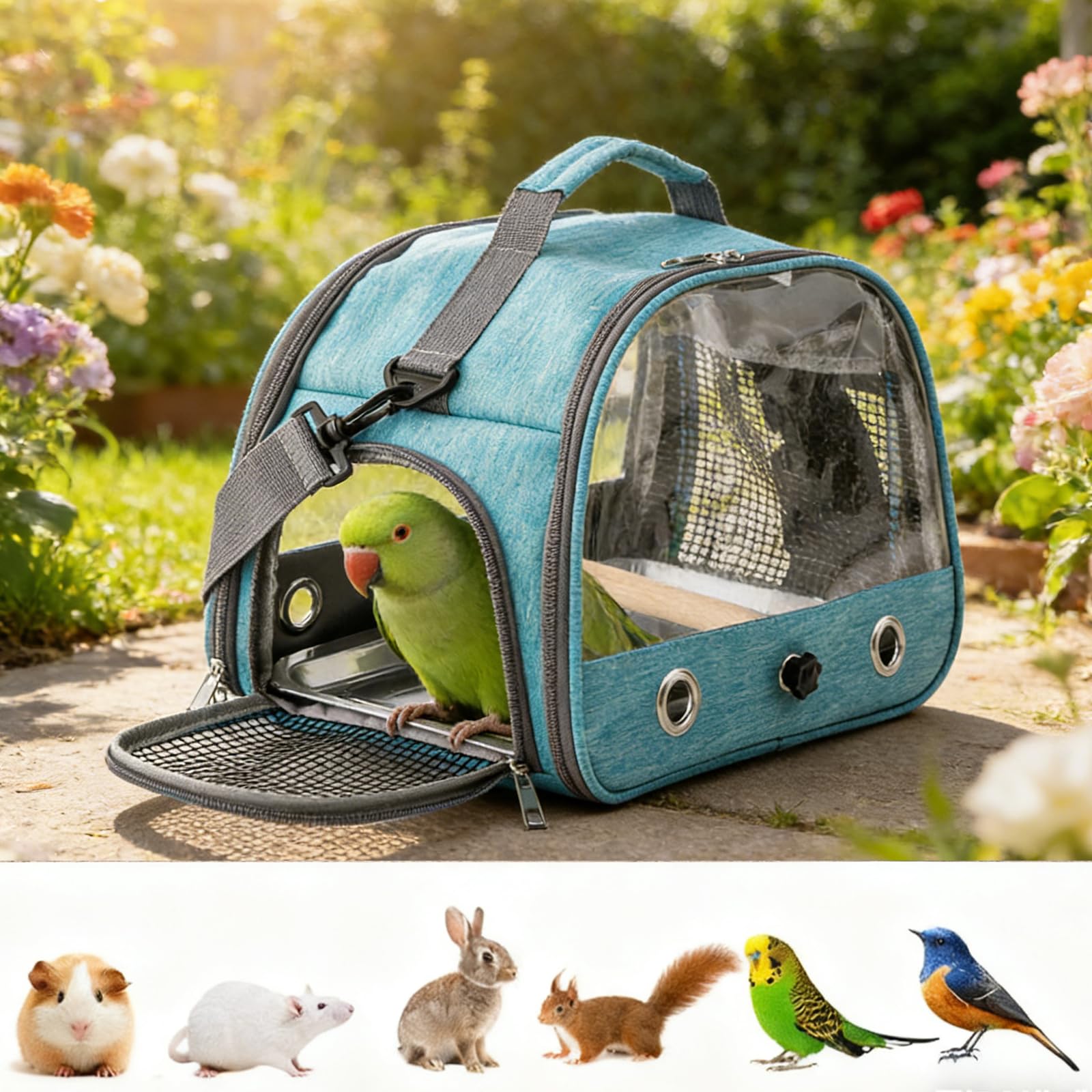 Sac de transport pour oiseaux, avec plateau en acier inoxydable et perche, cage à oiseaux, portable, sac de voyage pour perruches, perruches, petits animaux, bleu