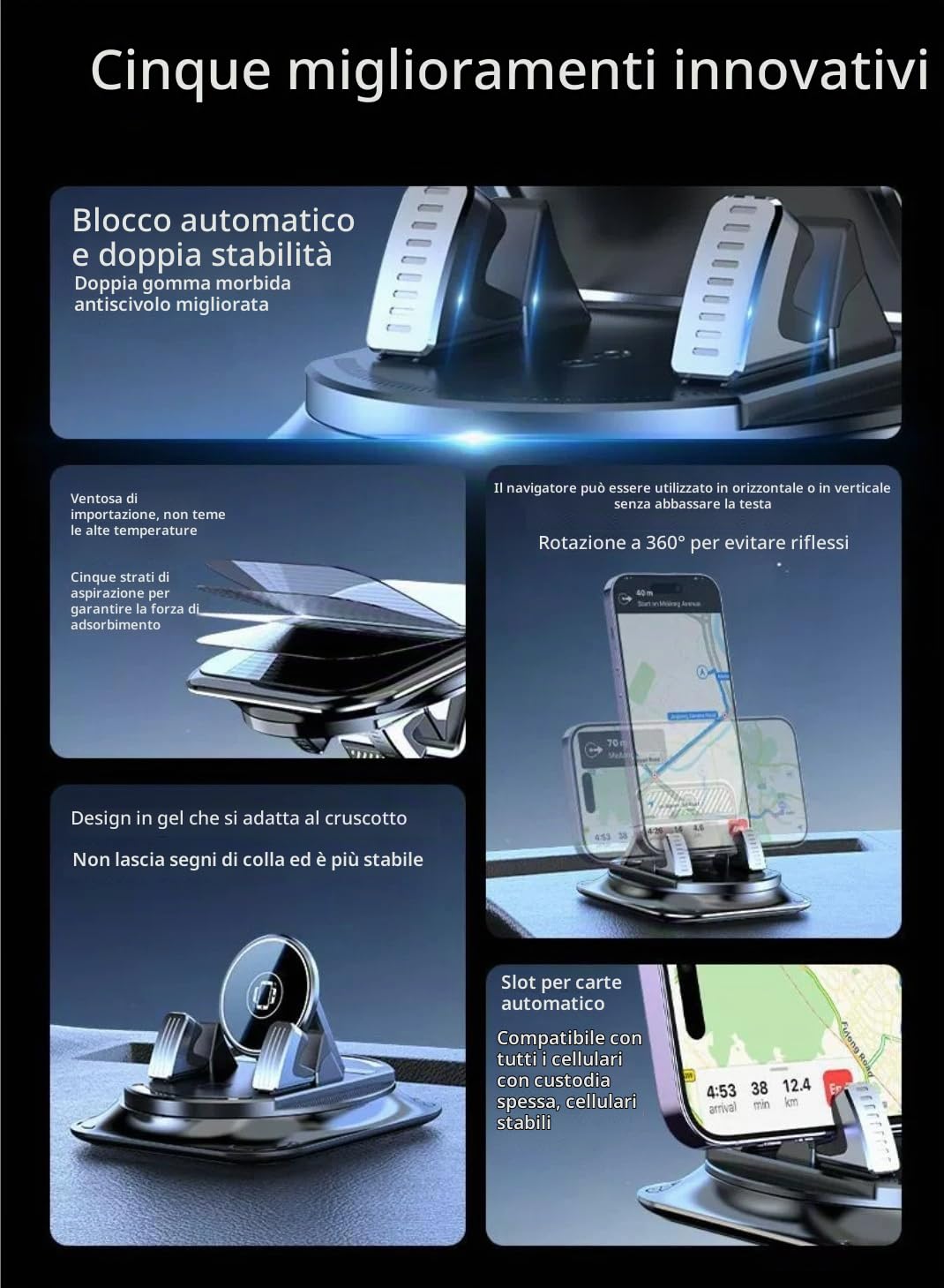 Porta Cellulare da Auto in silicone antiscivolo offre una rotazione di 360 gradi, Supporto Telefono Auto Cruscotto,Portatelefono da Automobile Universale per Smartphone iPhone （Nero）
